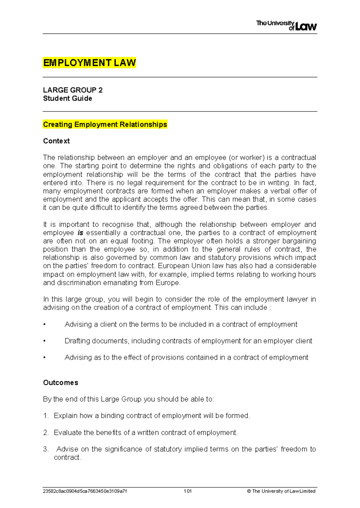 LG2 - Student Guide - employment law large group 2 notes - EMPLOYMENT ...