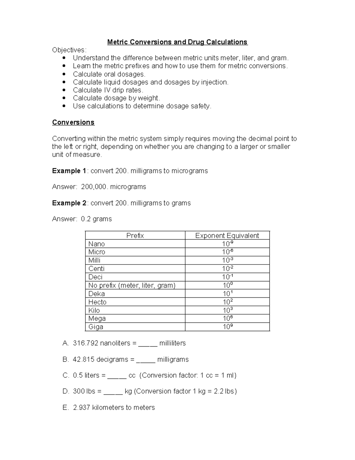 Metric Conversions & Drug Calculations - Study Guide 2021 - Studocu