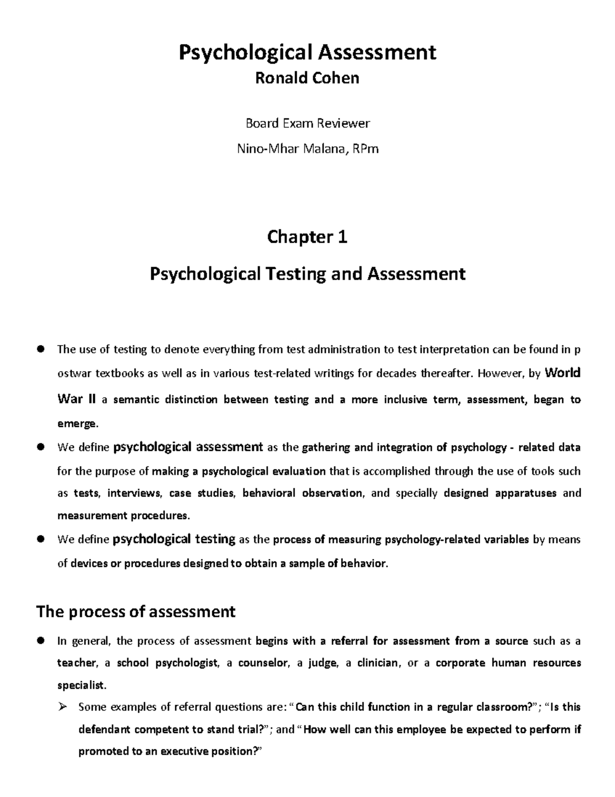 Psych 101 Final Exam Reviewer: Psychological Assessment Overview - Studocu