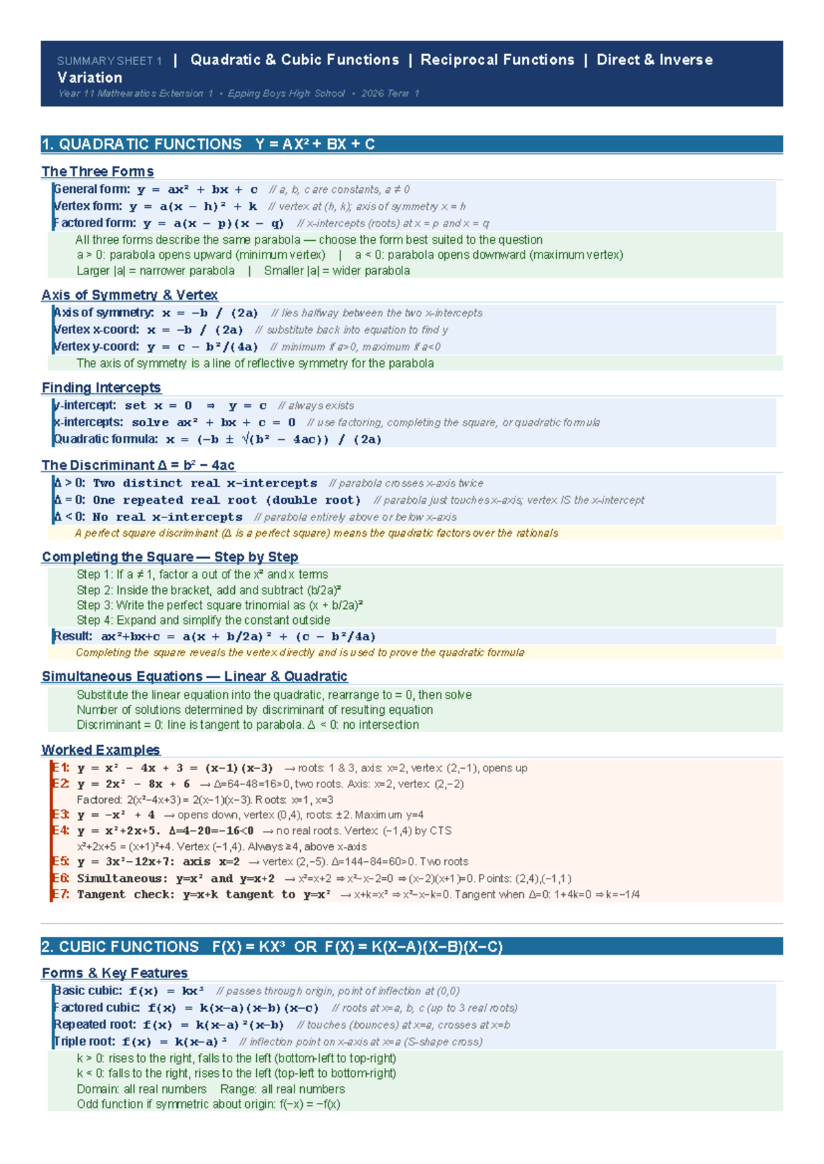 Year 11 Mathematics Extension 1 Summary Sheets: Quadratic, Cubic ...