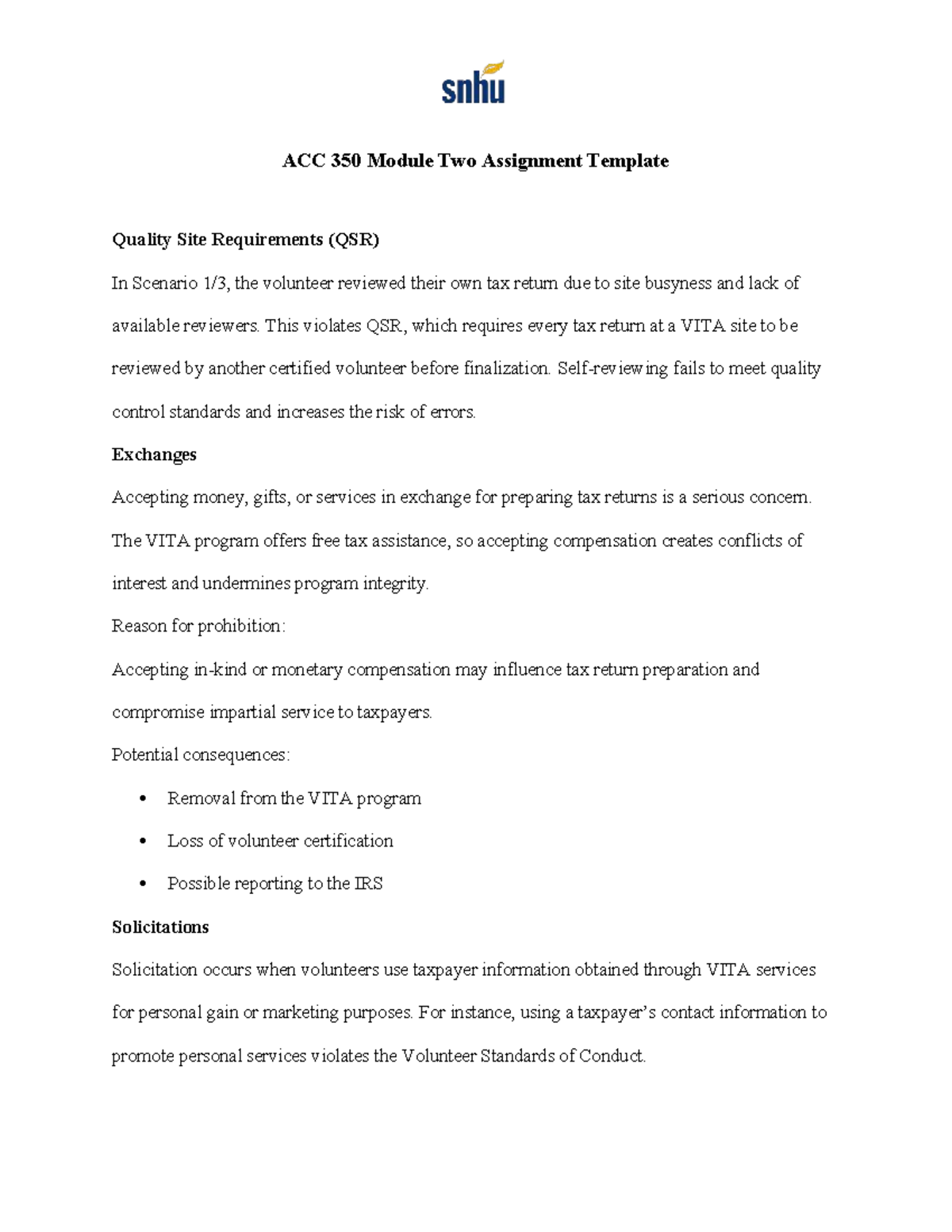 ACC 350 Module Two Assignment: Quality Site Requirements Analysis - Studocu