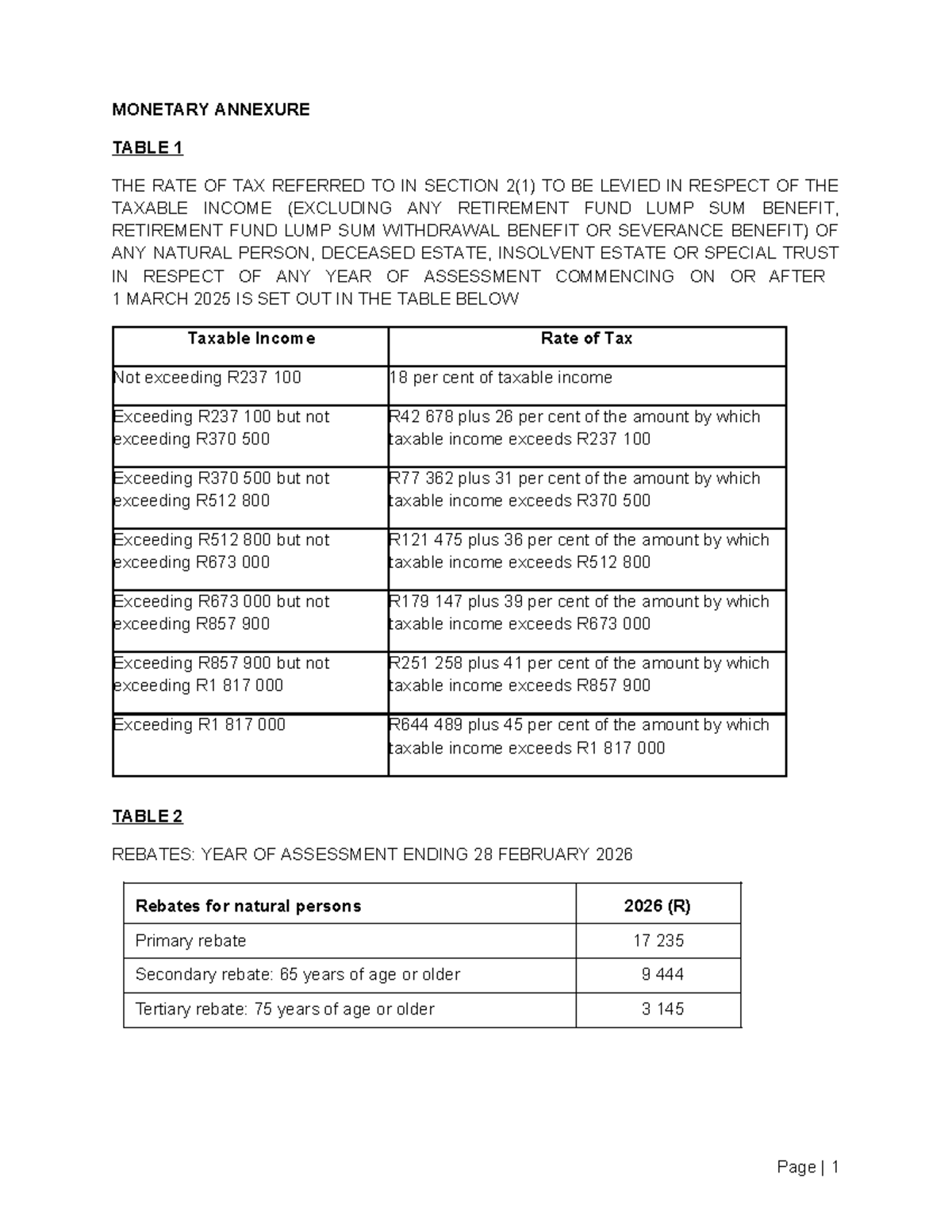 2026 Year of Assessment - Monetary Annexure Tax Rates and Tables - Studocu