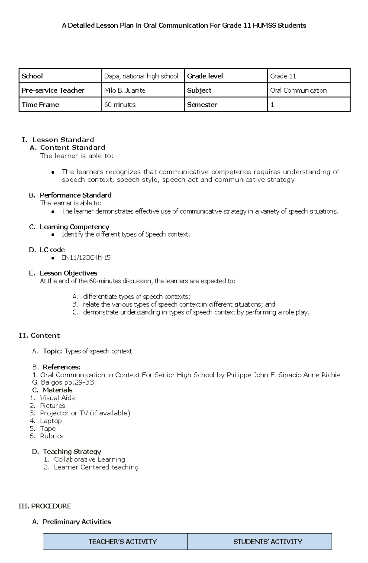 Detailed Lesson Plan: Types of Speech Context for EN11/12OC-LFJ-1 - Studocu