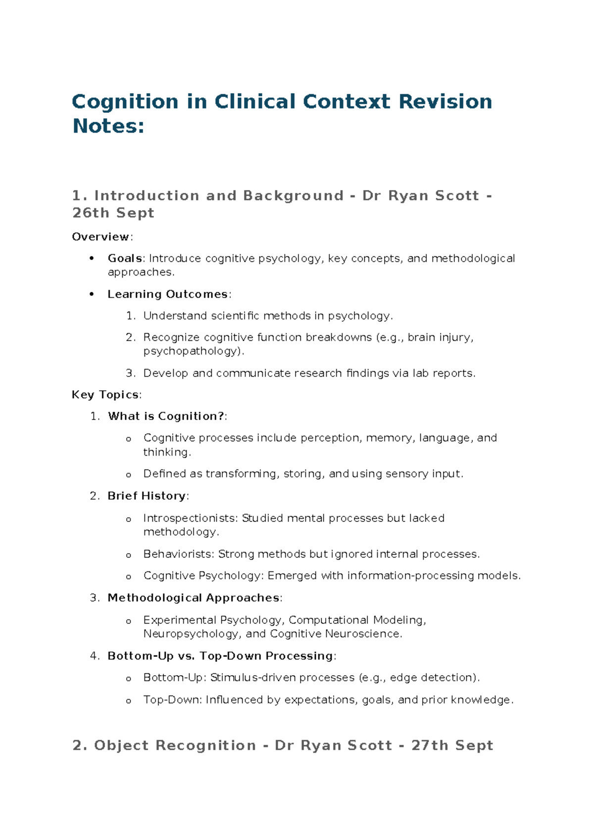 Cognition in Clinical Context (CCC1) Revision Notes - Key Concepts ...