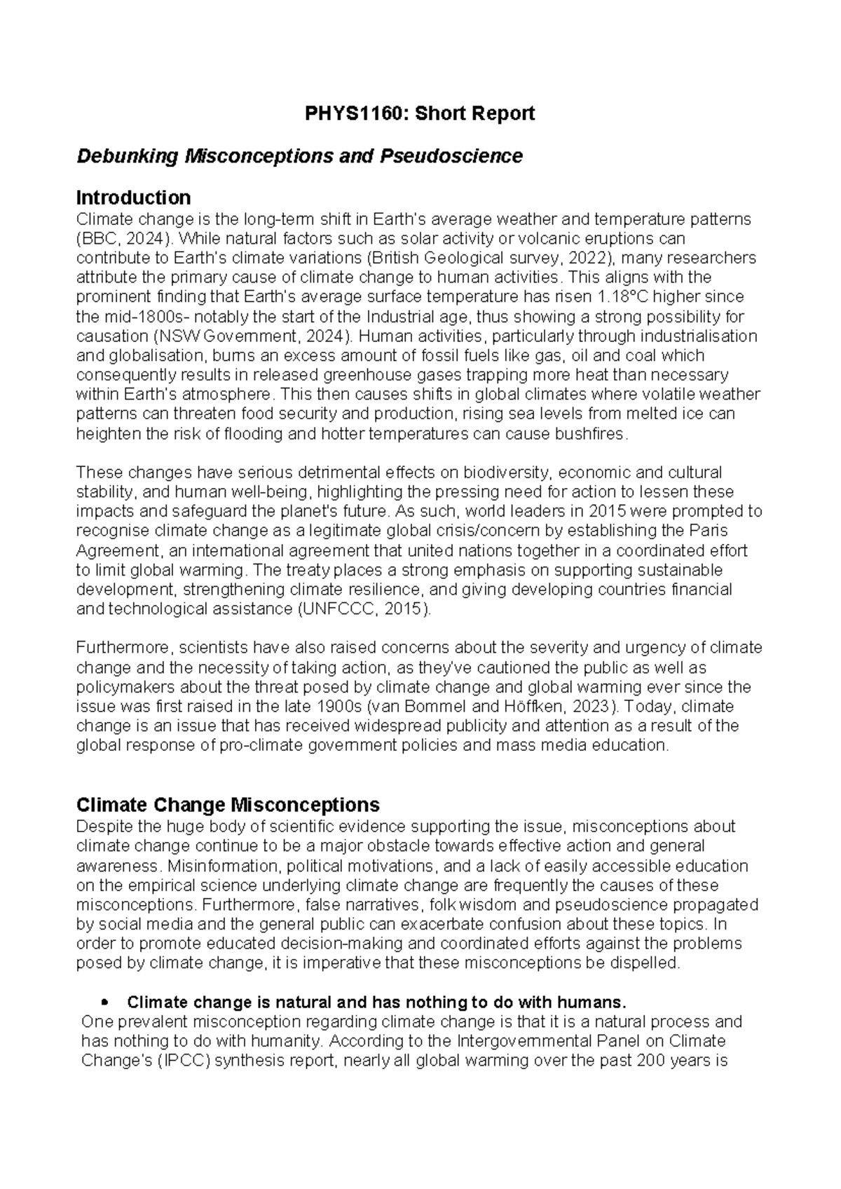 PHYS1160: Short report on climate change misconceptions and evidence ...