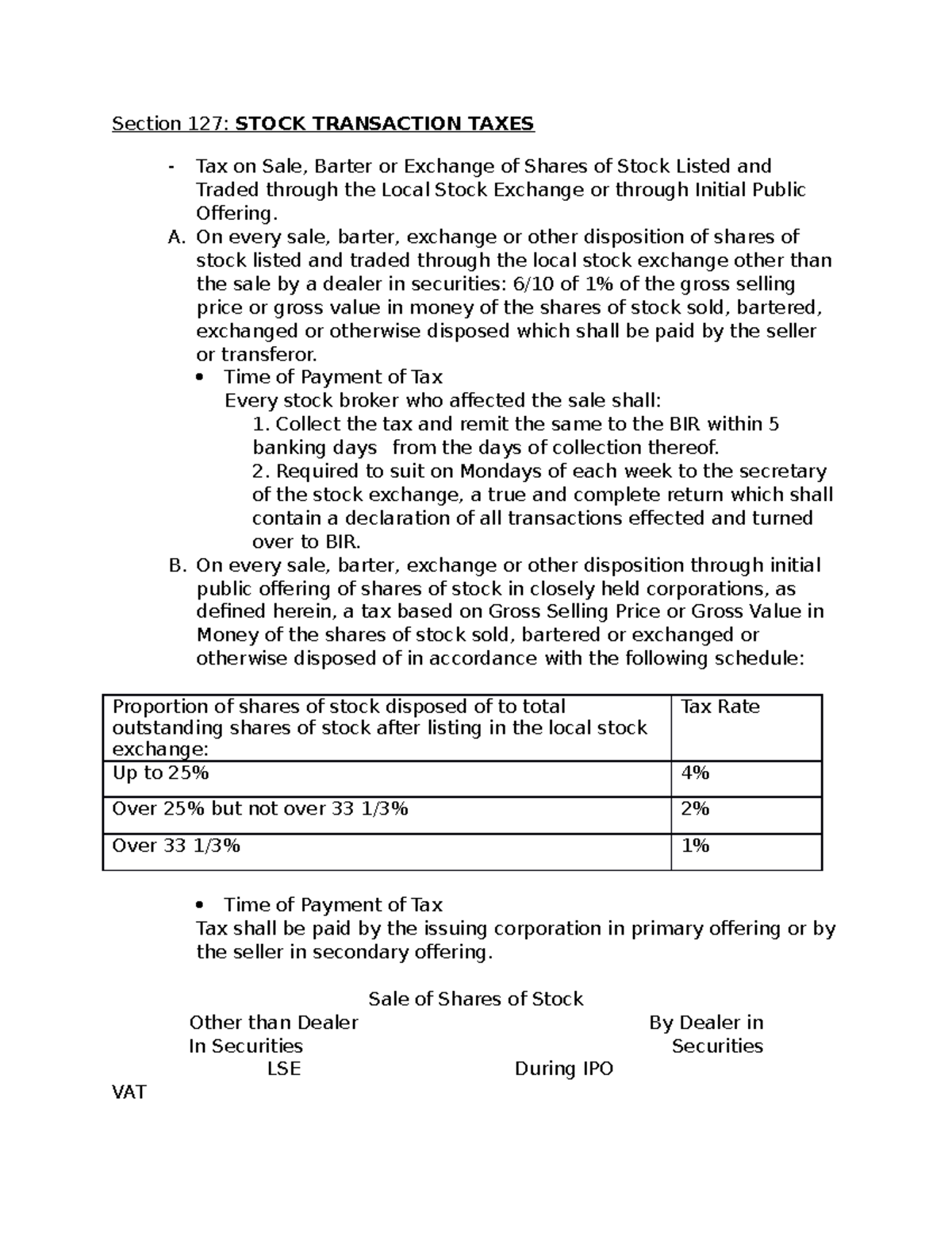 Tax2 (Bus. Tax) - Stock Transactions & Percentage Tax Overview - Studocu