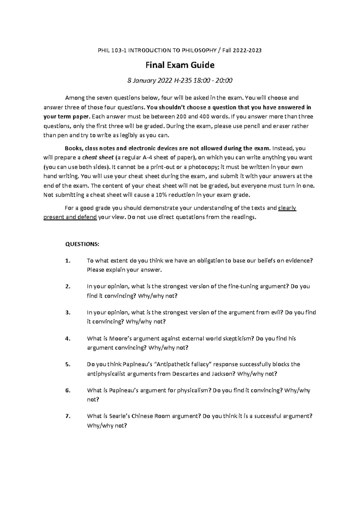 PHIL 103-1 Final Exam Study Guide: Key Questions Overview - Studocu