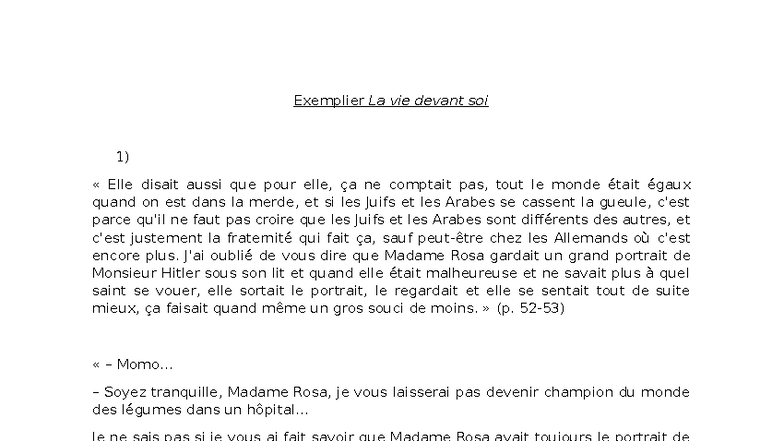 Exemplier La vie devant soi - Exemplier La vie devant soi 1) « Elle ...