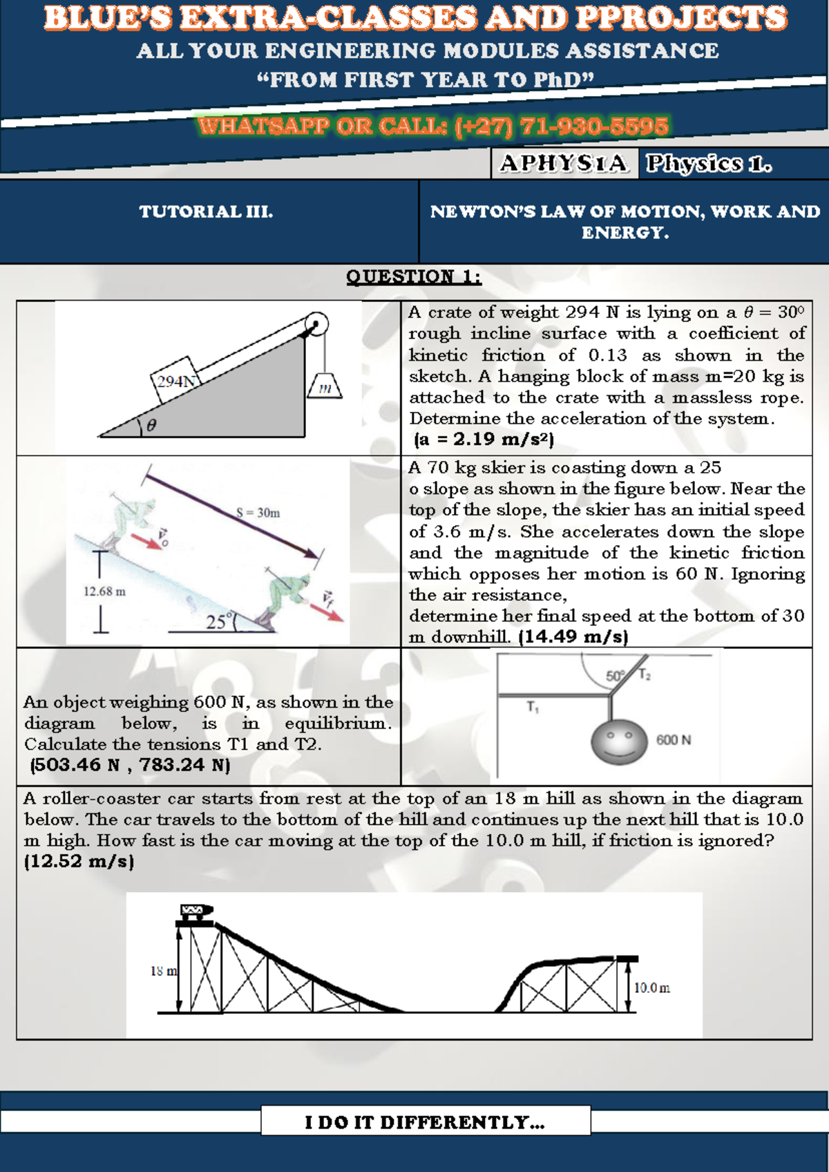 2024-SEM1@ APHYS 1A Tutorial III: Newton's Laws & Energy Concepts - Studocu