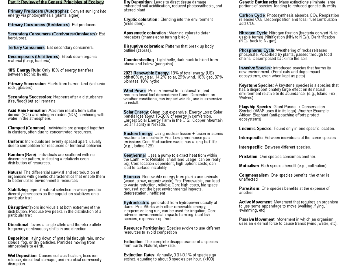 Ecology Cheat Sheet 2025: Key Concepts & Principles Review - Studocu