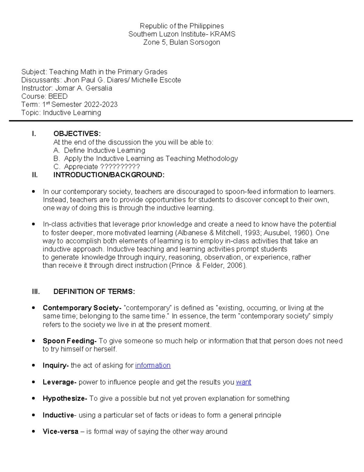 Inquiry-Based Learning (IBL) Handout: Objectives & Types of Inquiry ...