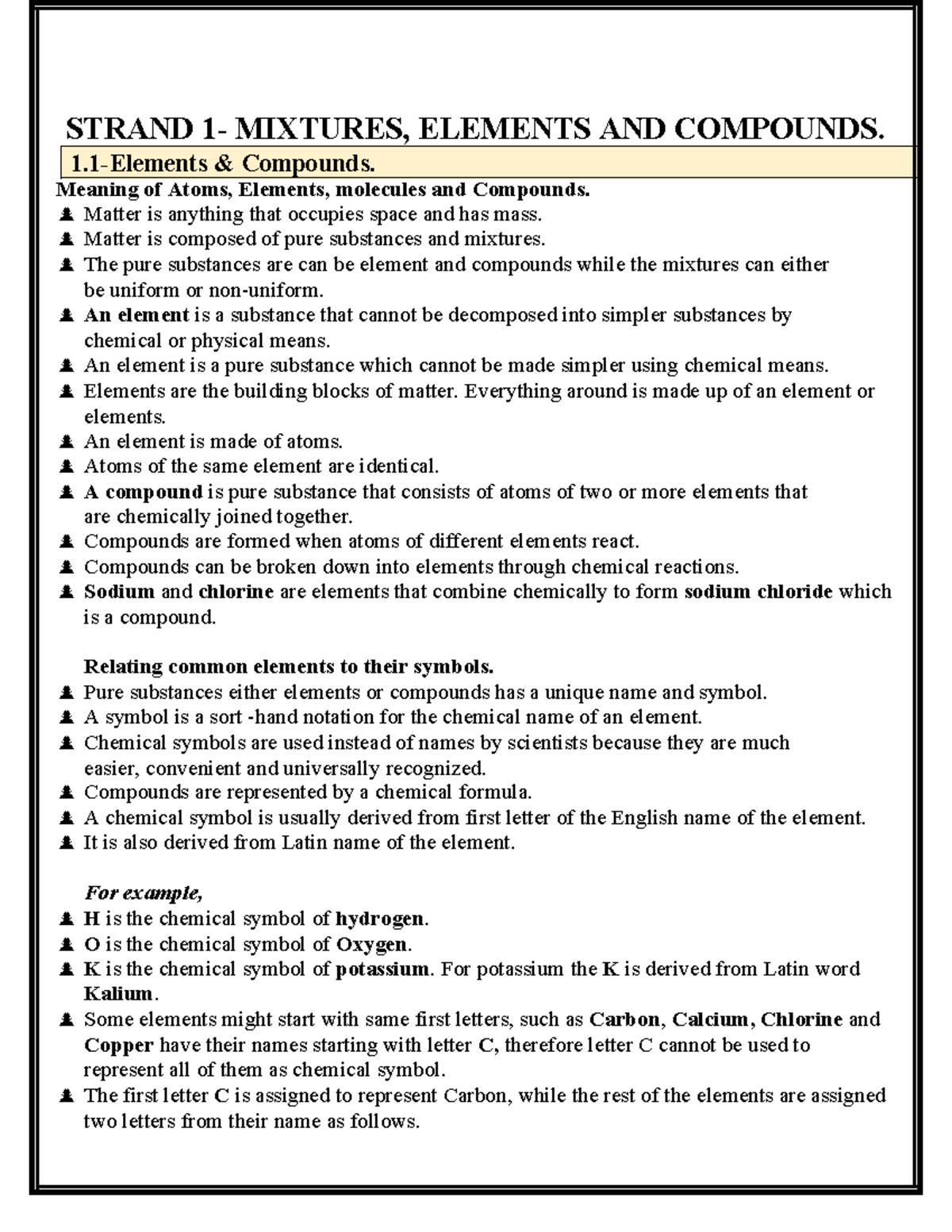 Grade 8 Science Notes: Mixtures, Elements, and Compounds Overview - Studocu