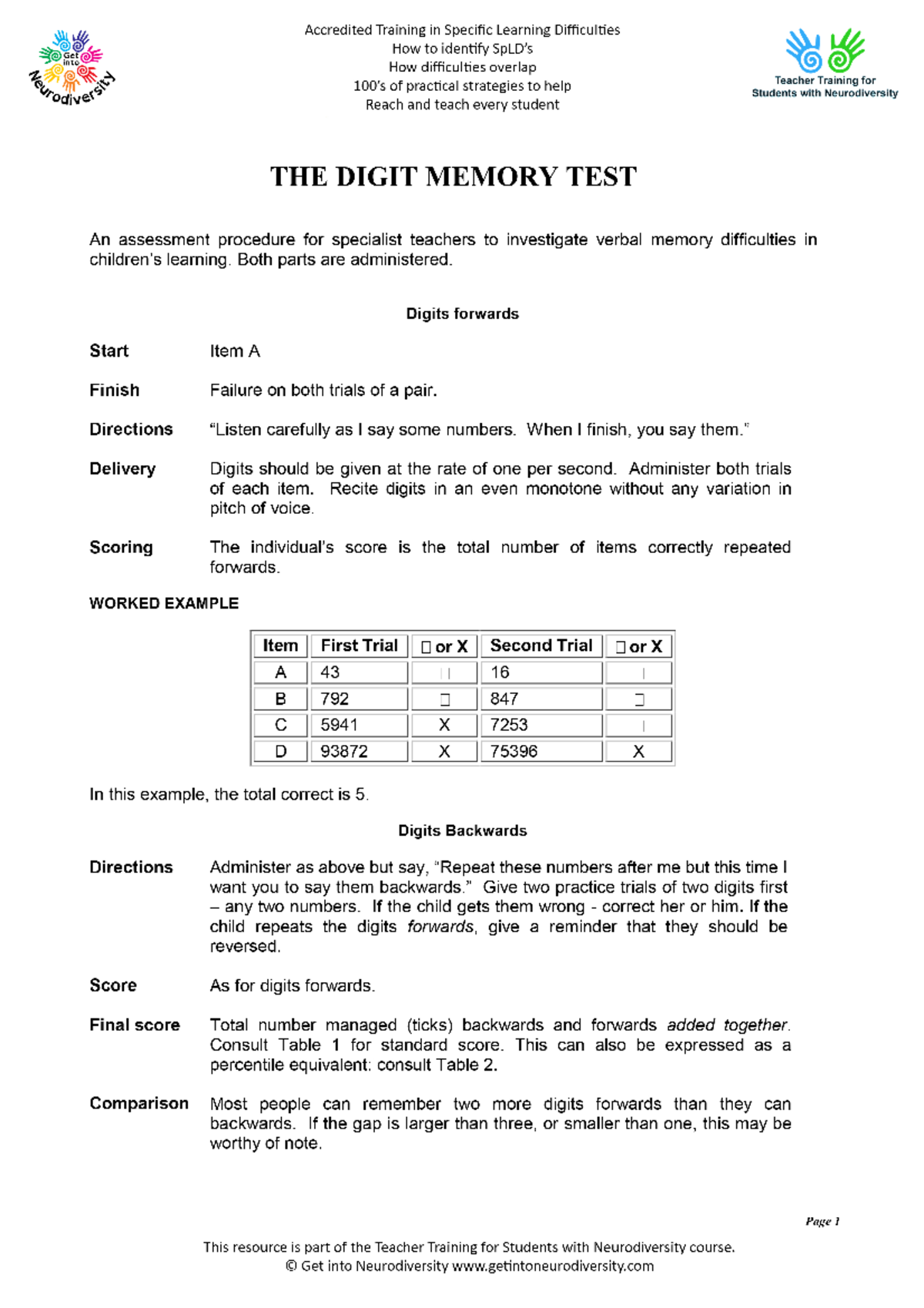 Digit-Memory-Test - Foundations of psychology - Studocu