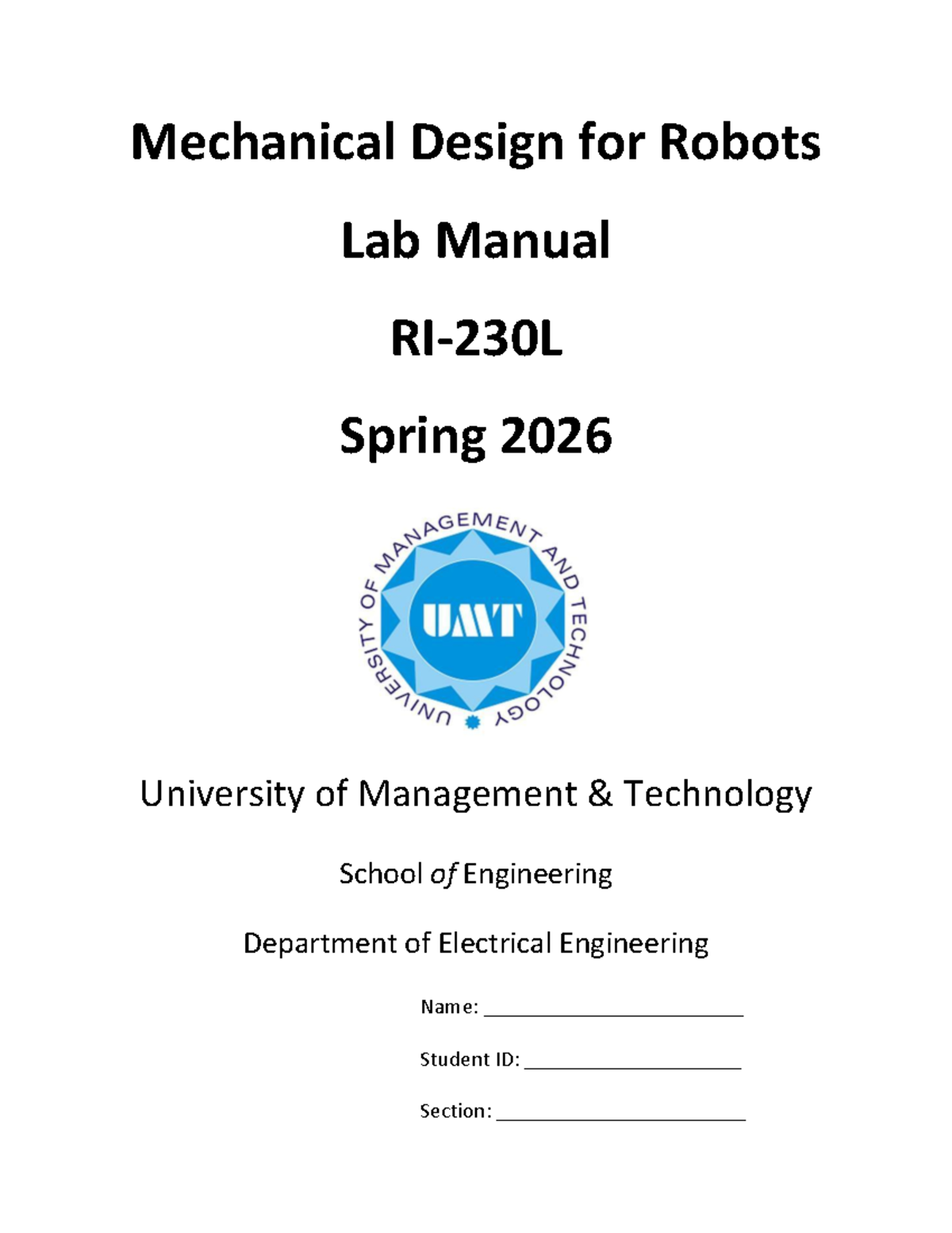 Rl-230L Mechanical Design for Robots Lab Manual - Spring 2026 - Studocu