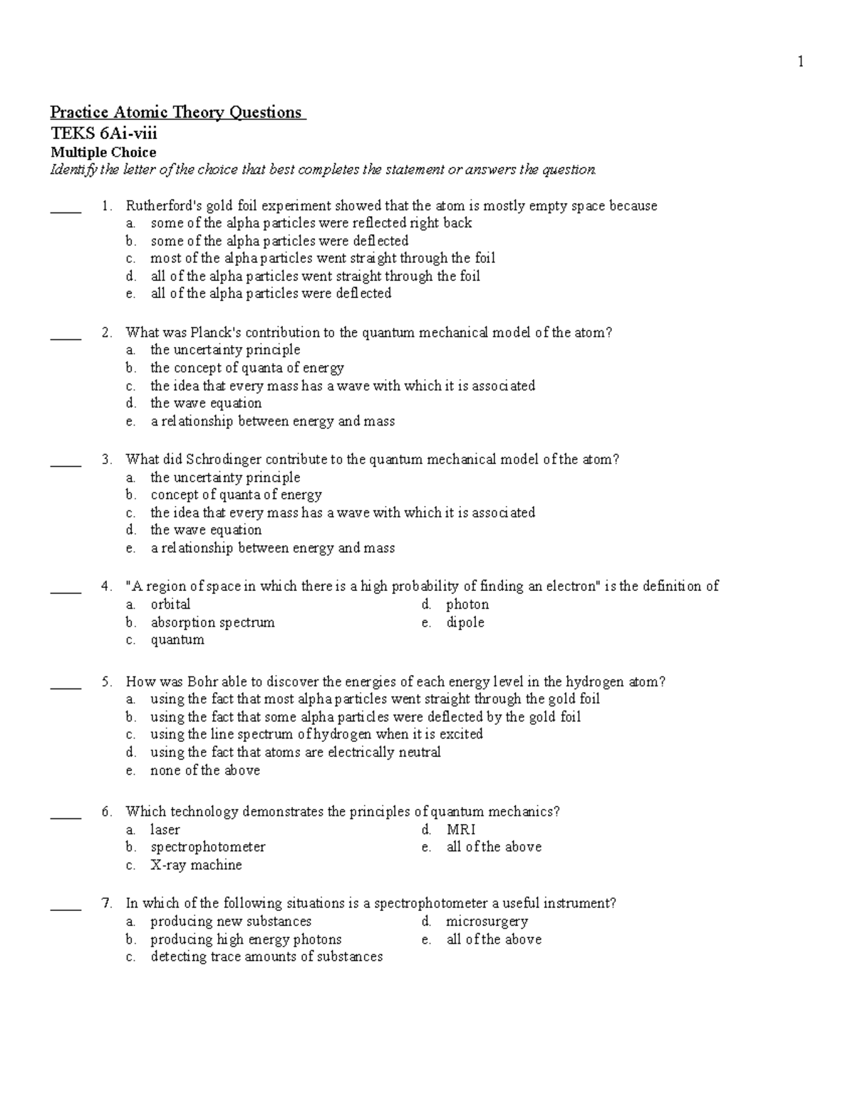 Atomic theory assessment - Practice Atomic Theory Questions TEKS 6Ai ...