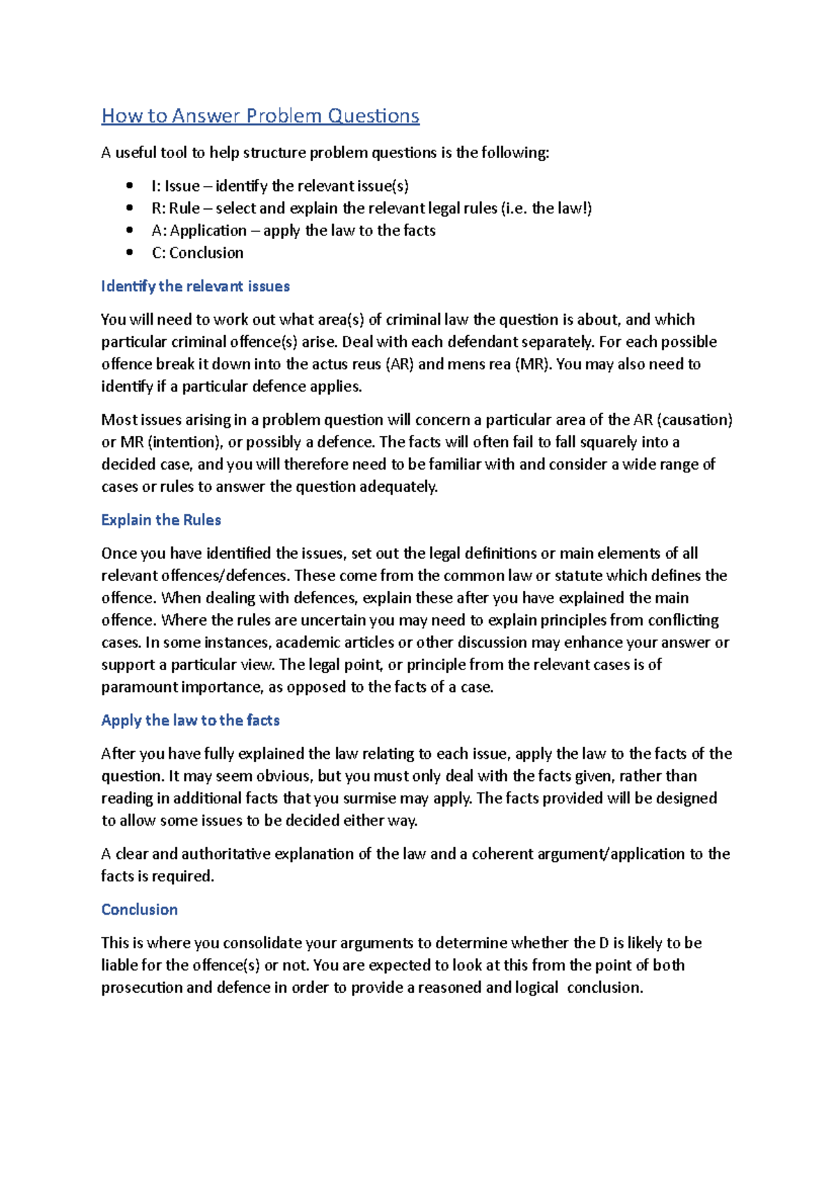 How to Answer Problem Questions: Structuring Legal Analysis - Studocu