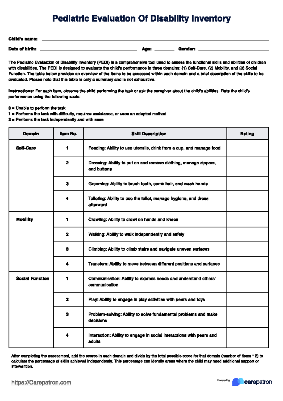 PEDI 2 - Pediatric Evaluation of Disability Inventory Overview - Studocu