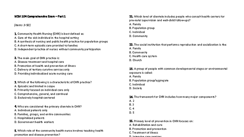 NCM 104 Comprehensive Exam: Community Health Nursing Focus - Studocu