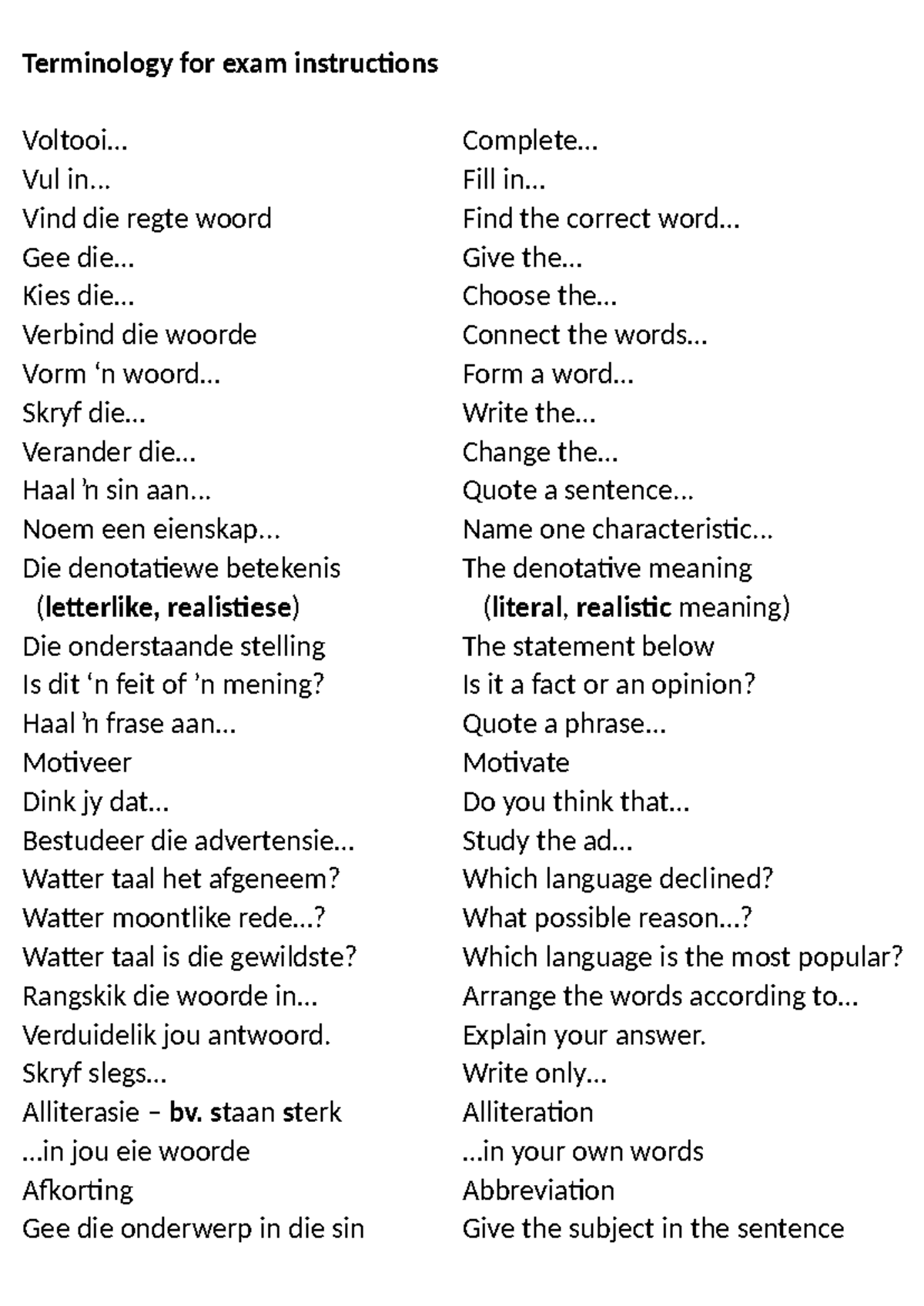 Terminology for Exam Instructions (AFR 101) - Studocu