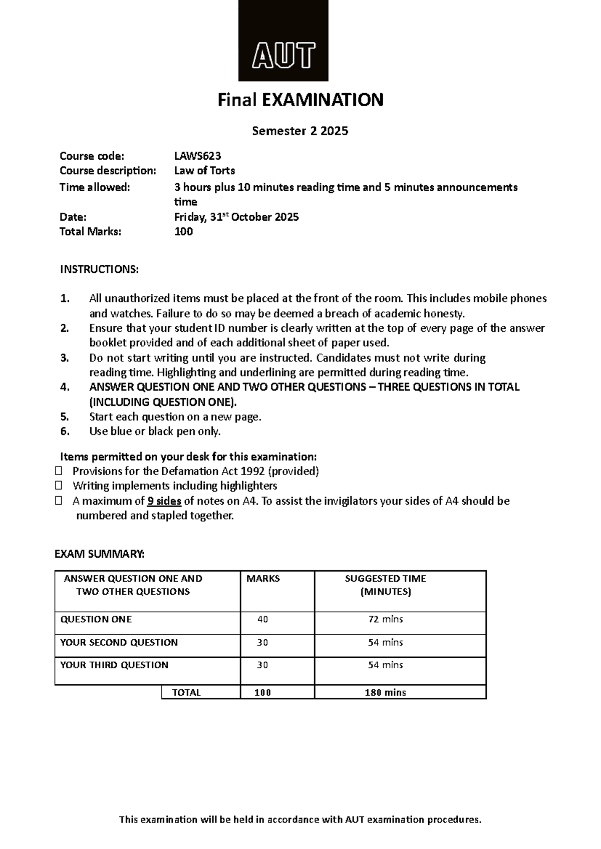 LAWS623 S2 2025 Final Exam Instructions and Guidelines - Studocu
