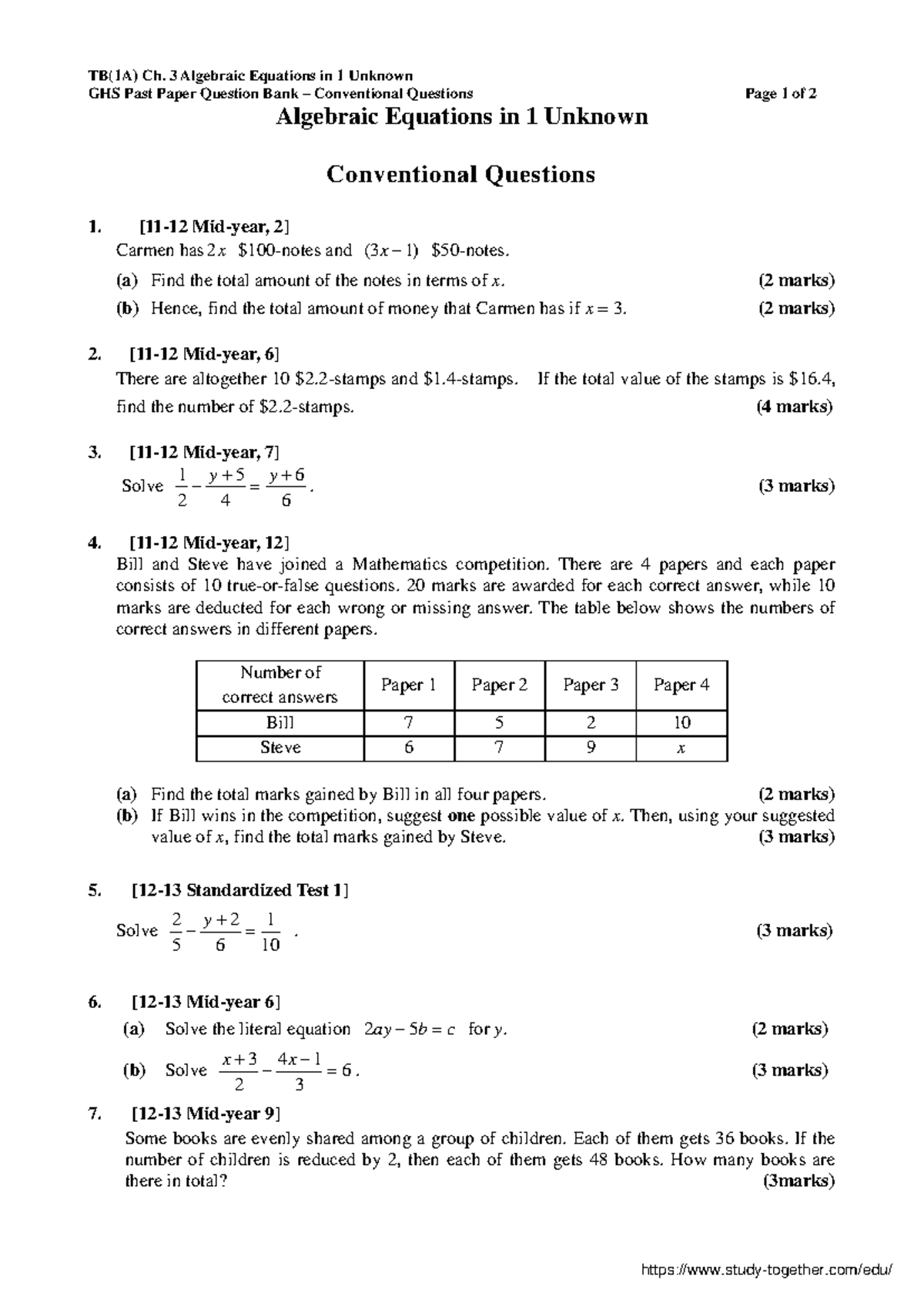 TB(1A) Ch. 3 Algebraic Equations: GHS Past Paper Qs & Solutions - Studocu