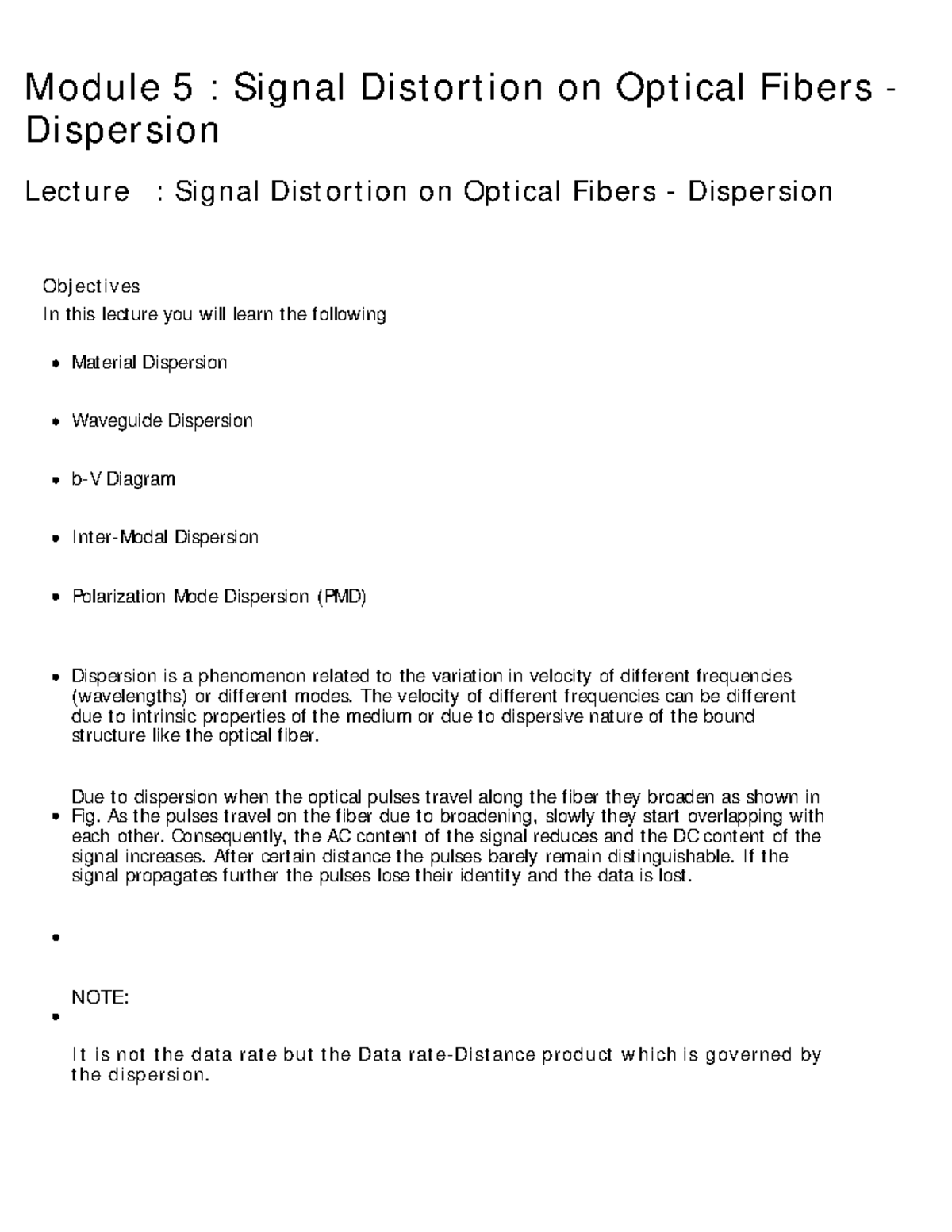 Optical Fibers - Lecture 5: Signal Distortion and Dispersion Notes ...