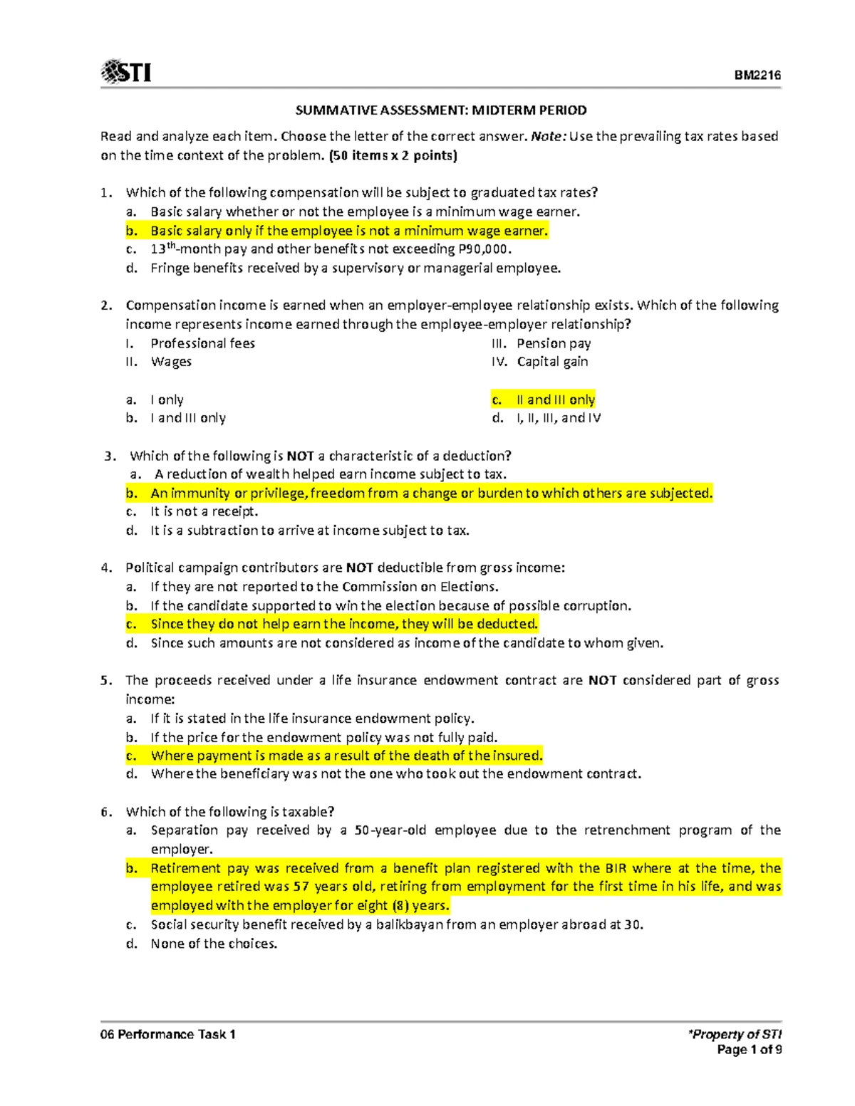 6 QUIZ 1 TAXATION: Analyzing Taxable Income Calculations - Studocu