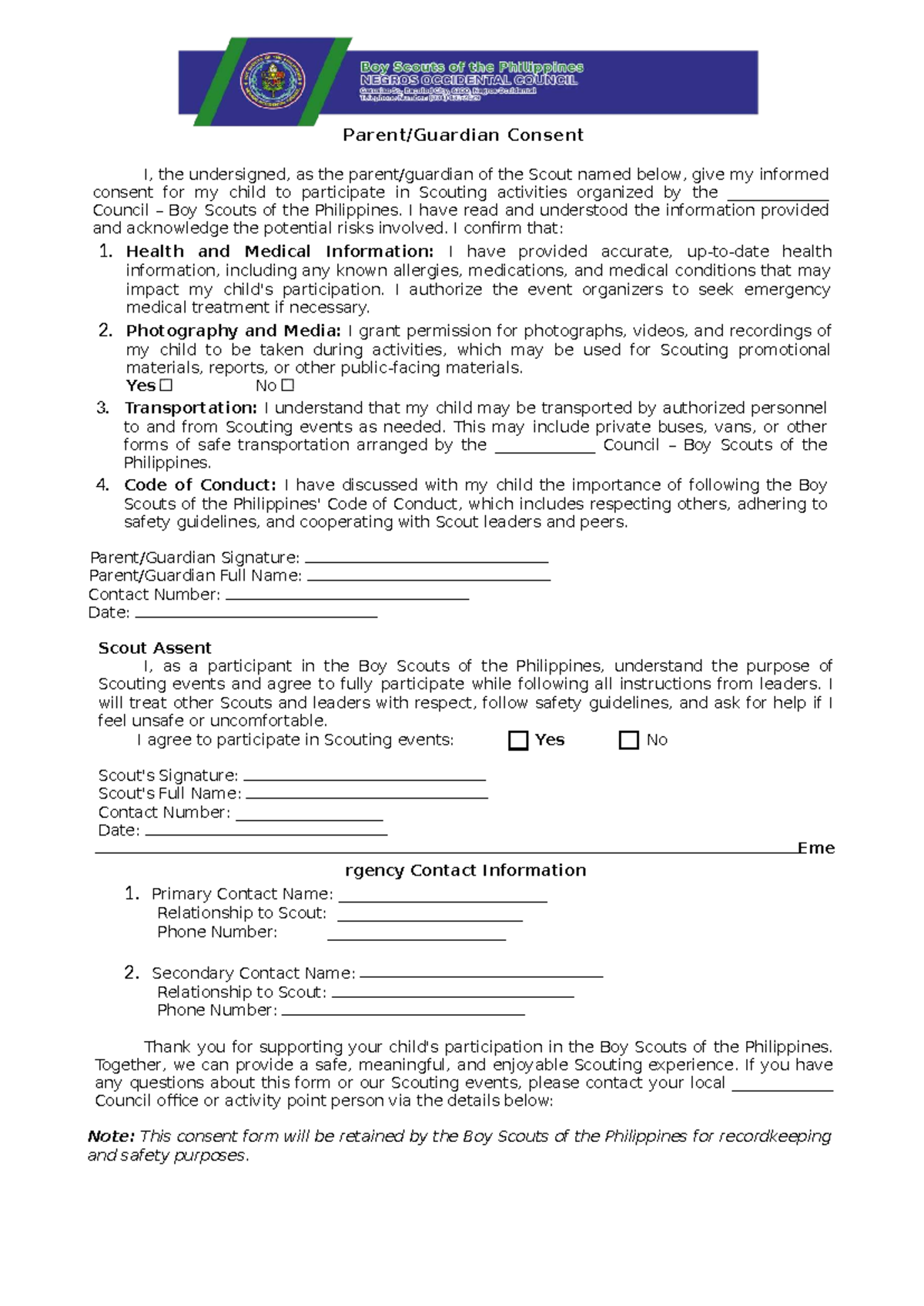 Parents' Permit for Scout Participation - Boy Scouts of the Philippines ...
