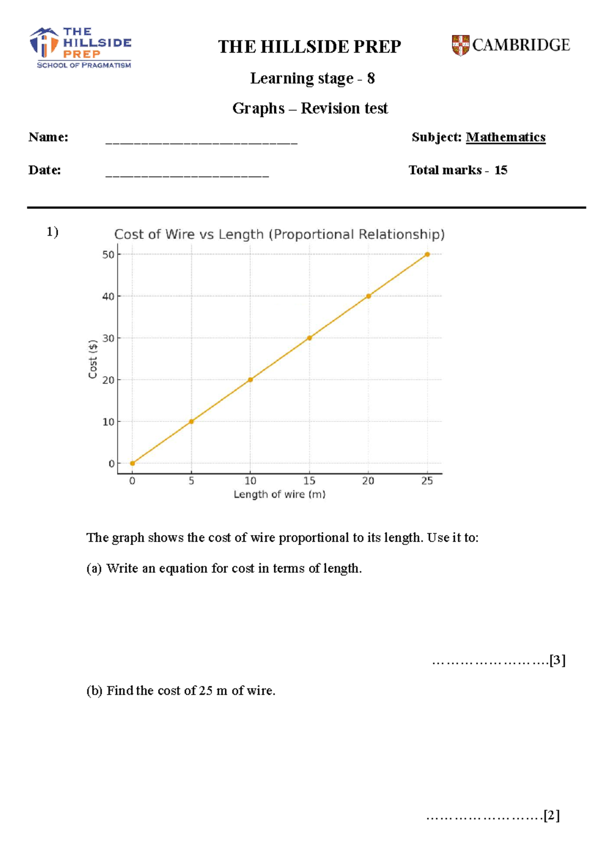HILLSIDE PREP Math Stage 8 Graphs Revision Test - Studocu