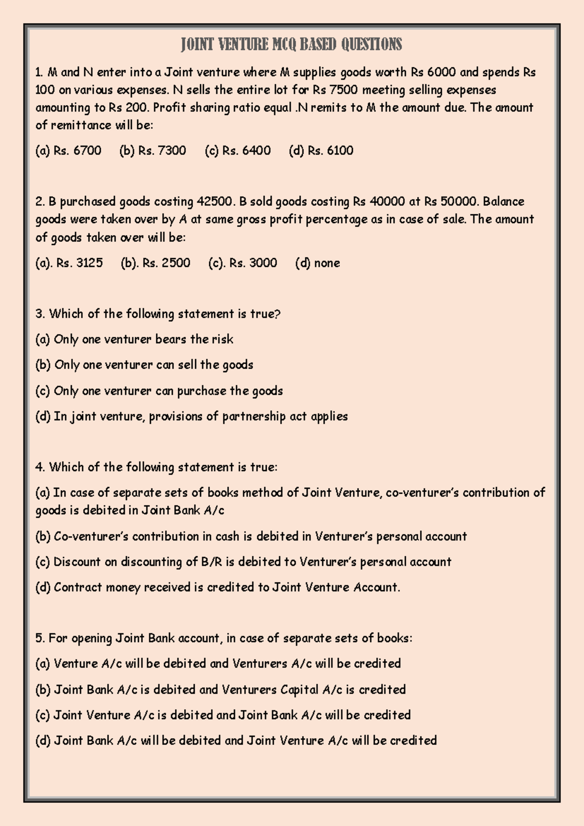 Joint Venture MCQ - Practice Questions and Solutions - Studocu