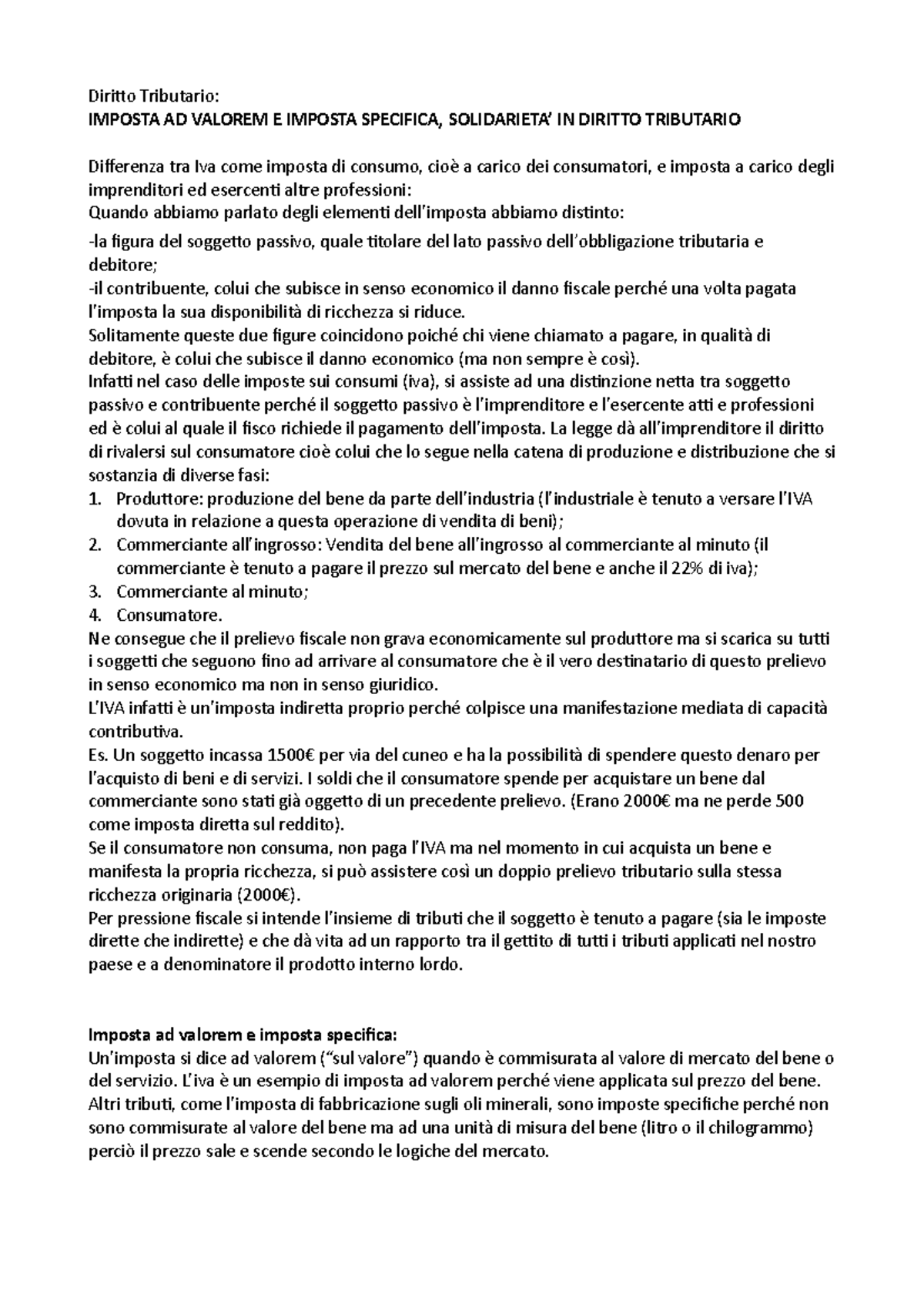 Diritto Tributario: Differenze tra Imposta Ad Valorem e Specifica - Studocu