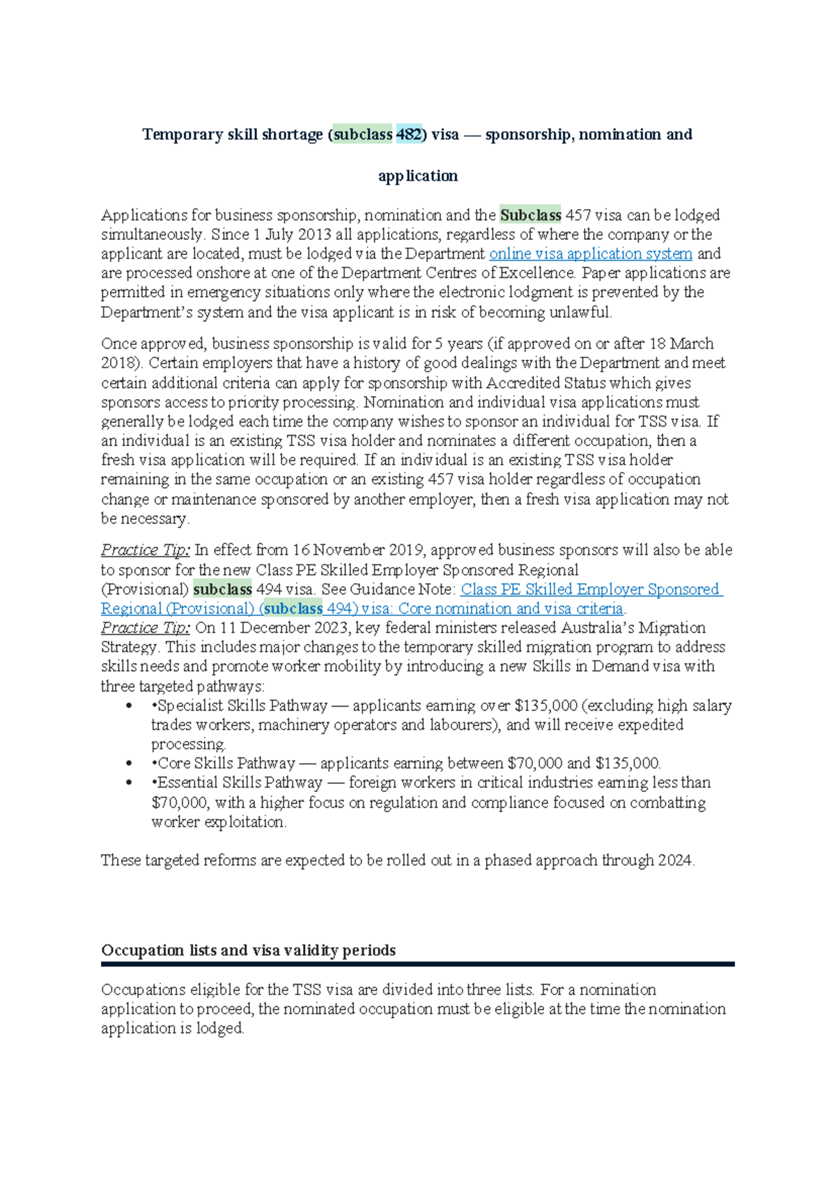 482 Temporary Skill Shortage Visa: Application and Guidelines Summary ...