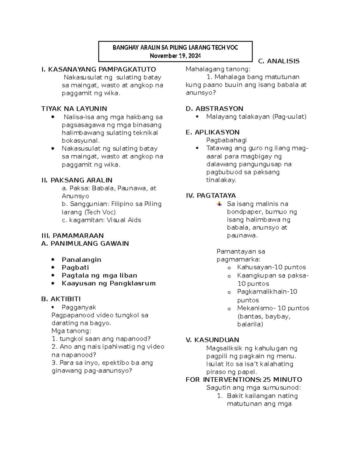 Banghay Aralin sa Piling Larang (Tech Voc) - Lesson Plan on ...