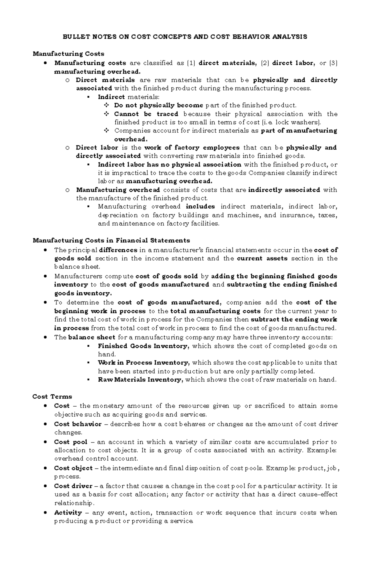 MS Bullet Notes 2: Cost Concepts & Behavior Analysis - Studocu