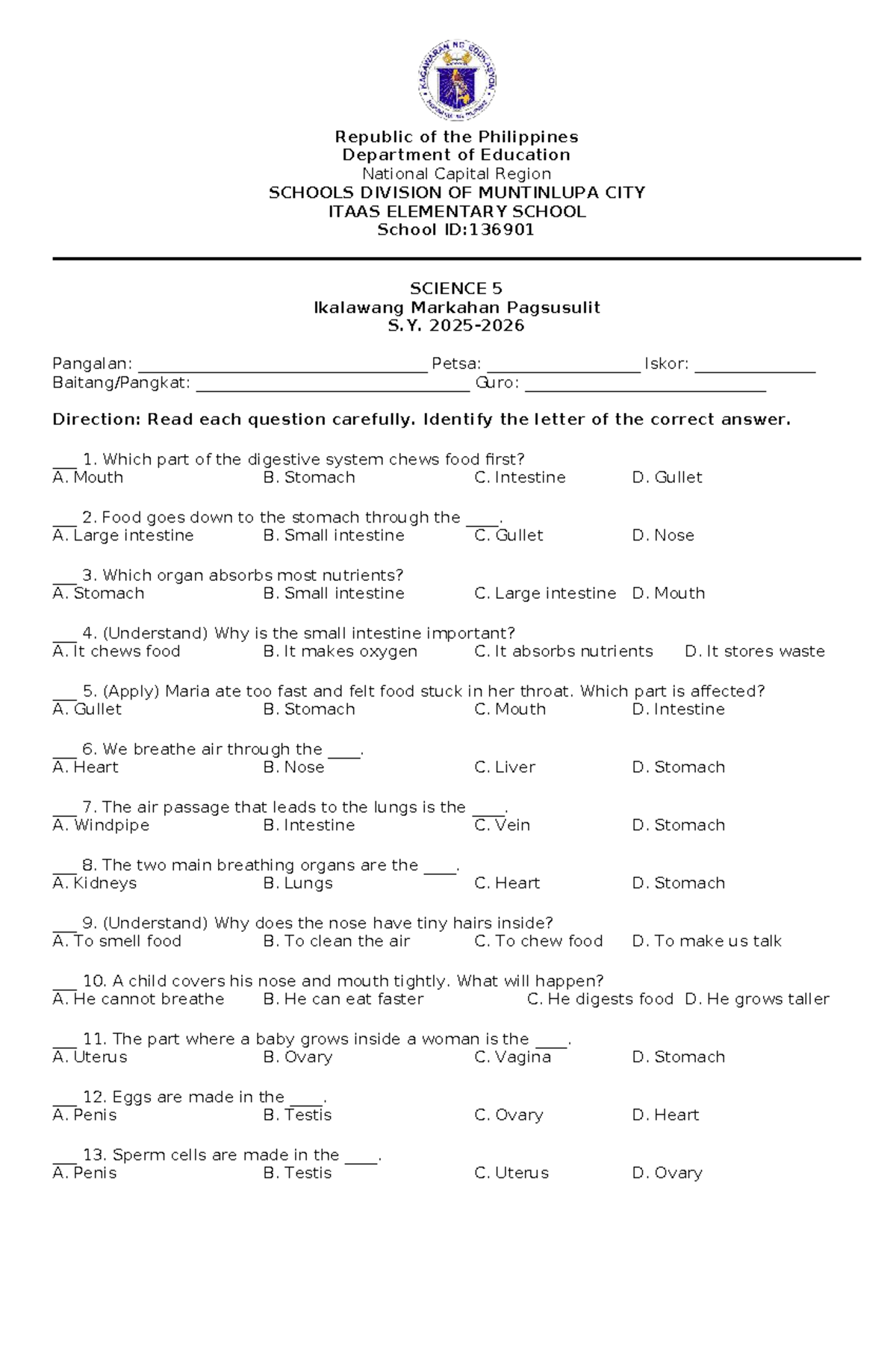 Science 5 Periodical Test with TOS for Q2 - Studocu