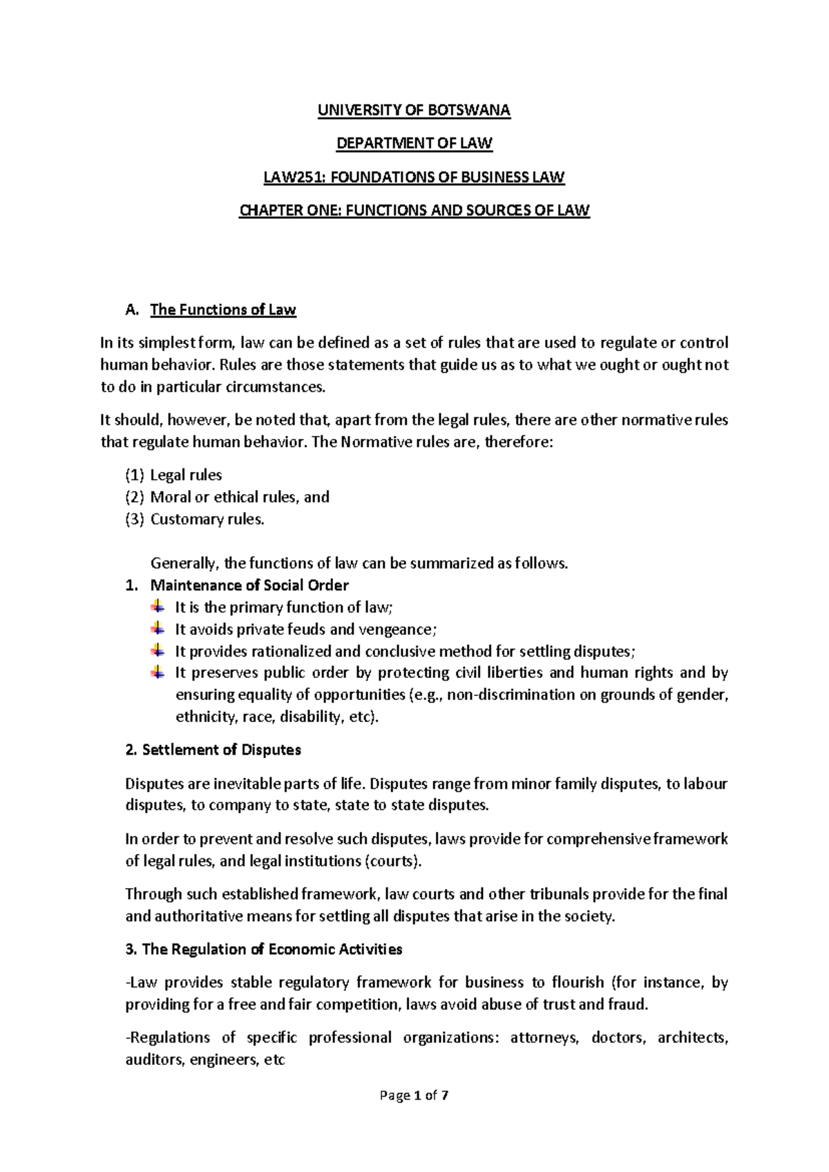 Law251 - Detailed Notes on Functions & Sources of Law (Chapter 1) - Studocu