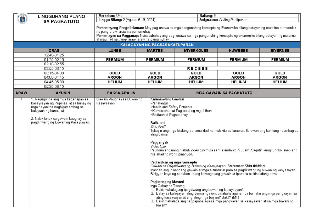 WB AP 9 Q1 Week 2 Learning Plan for Araling Panlipunan - Studocu