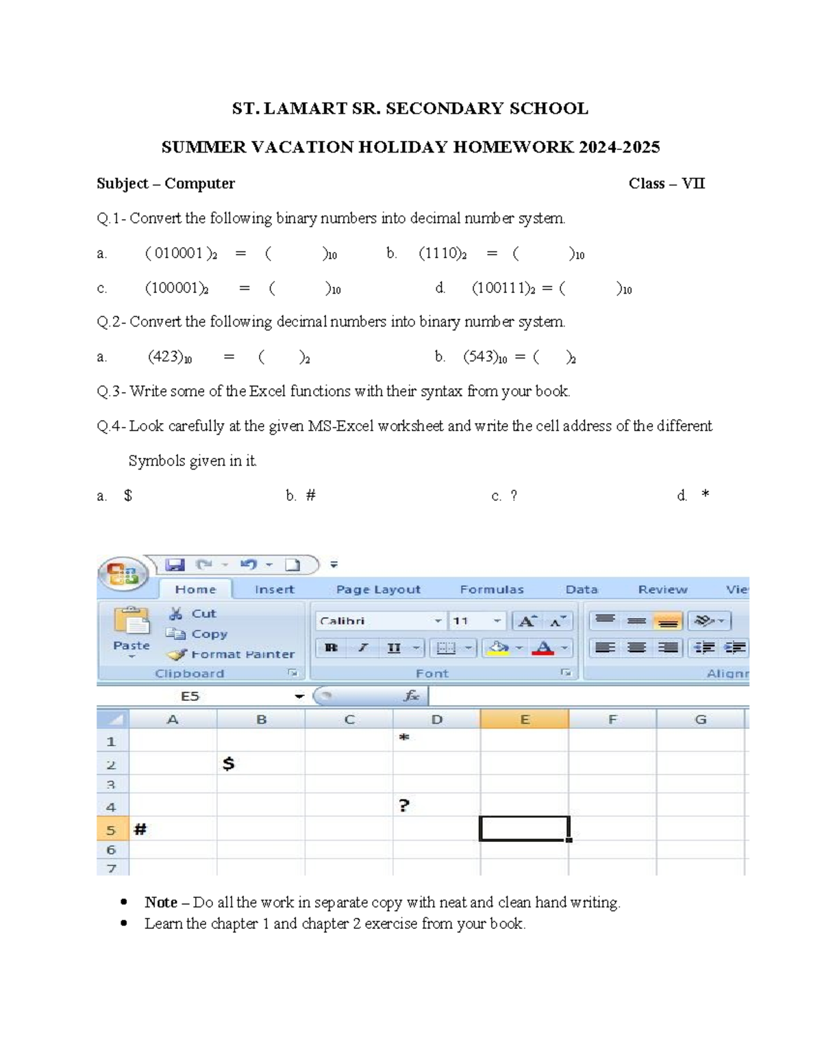 Class VII Computer Holiday Homework: Binary & Excel Functions - Studocu