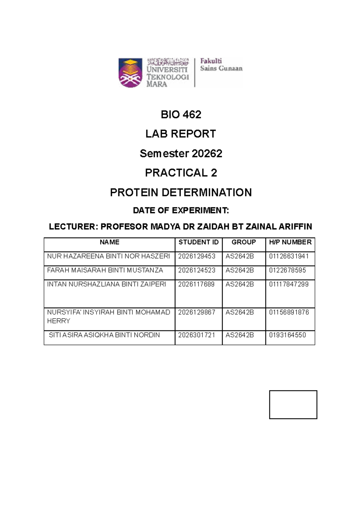 BIO 462 LAB REPORT: Practical 2 - Protein Determination Techniques ...