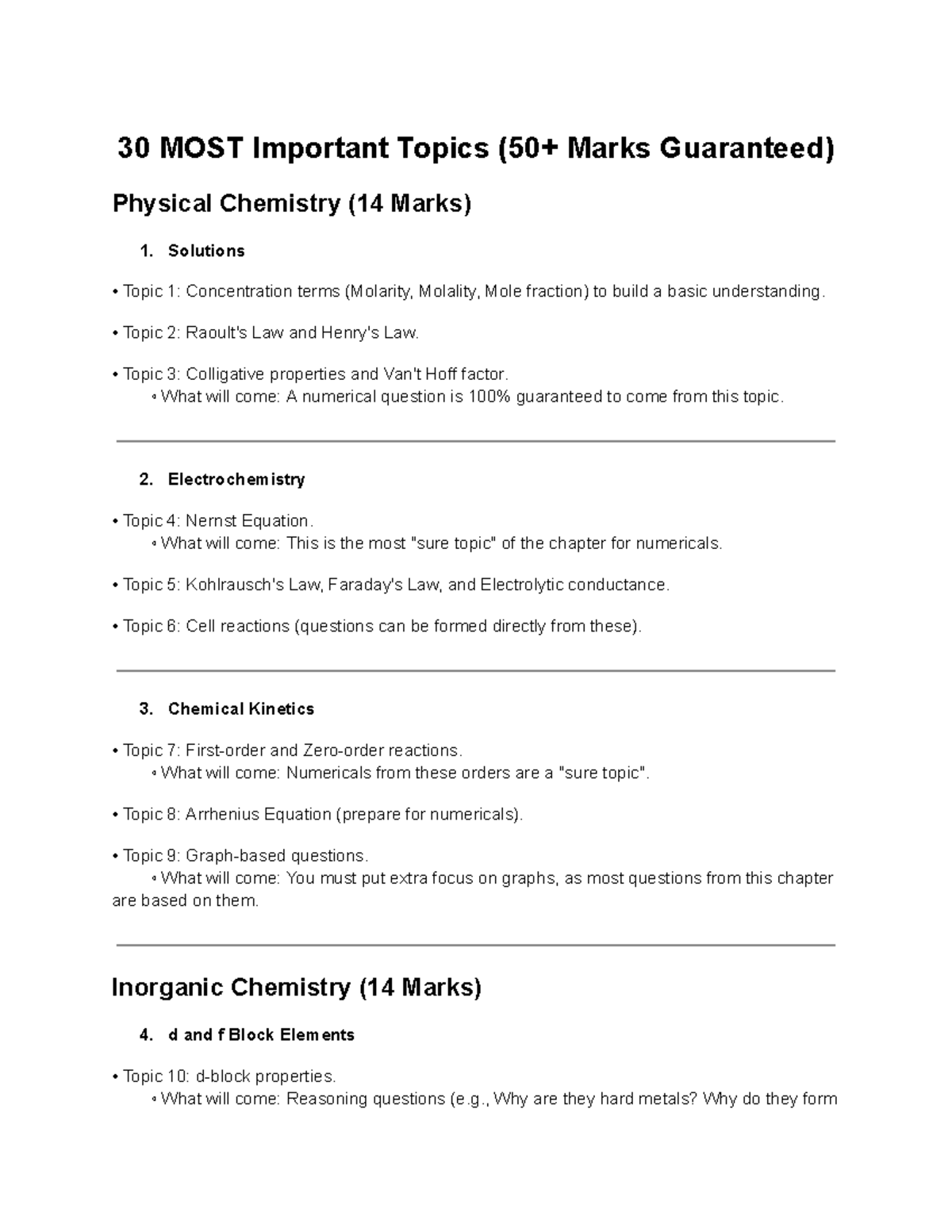 30 Most Important Topics for Physical Chemistry (14 Marks) - Studocu