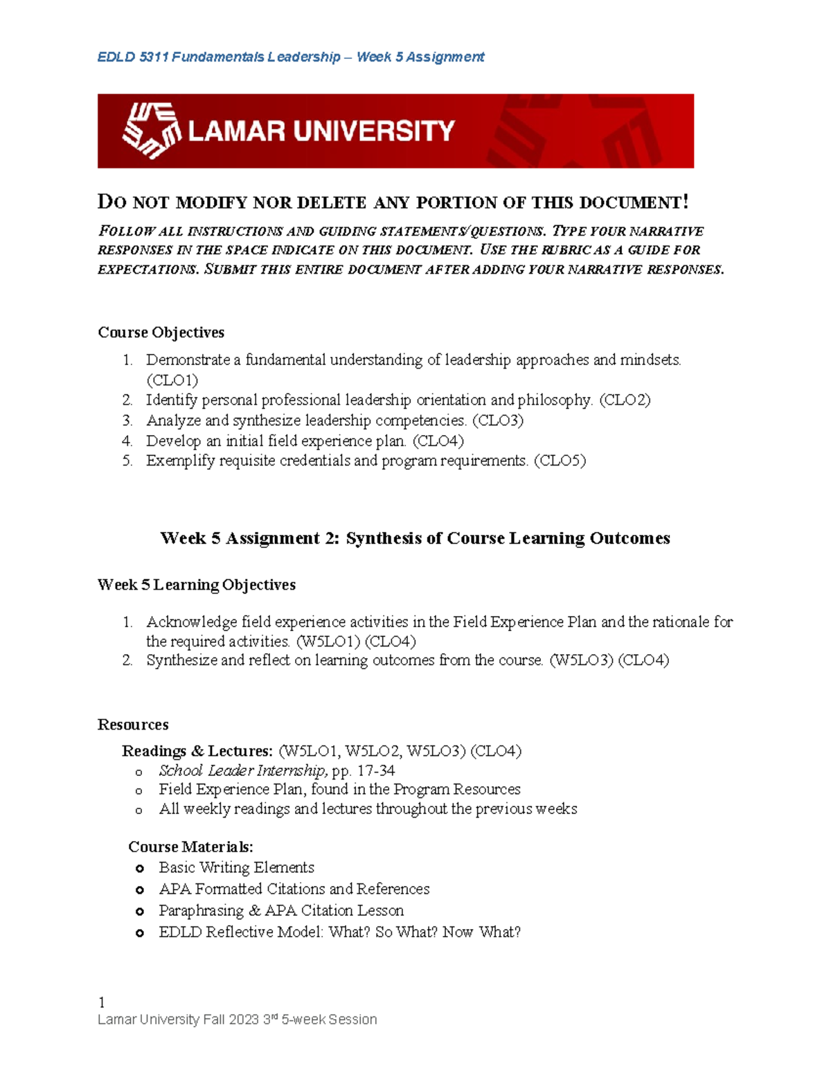 EDLD 5311 Week 5 Assignment: Synthesis of Learning Outcomes - Studocu