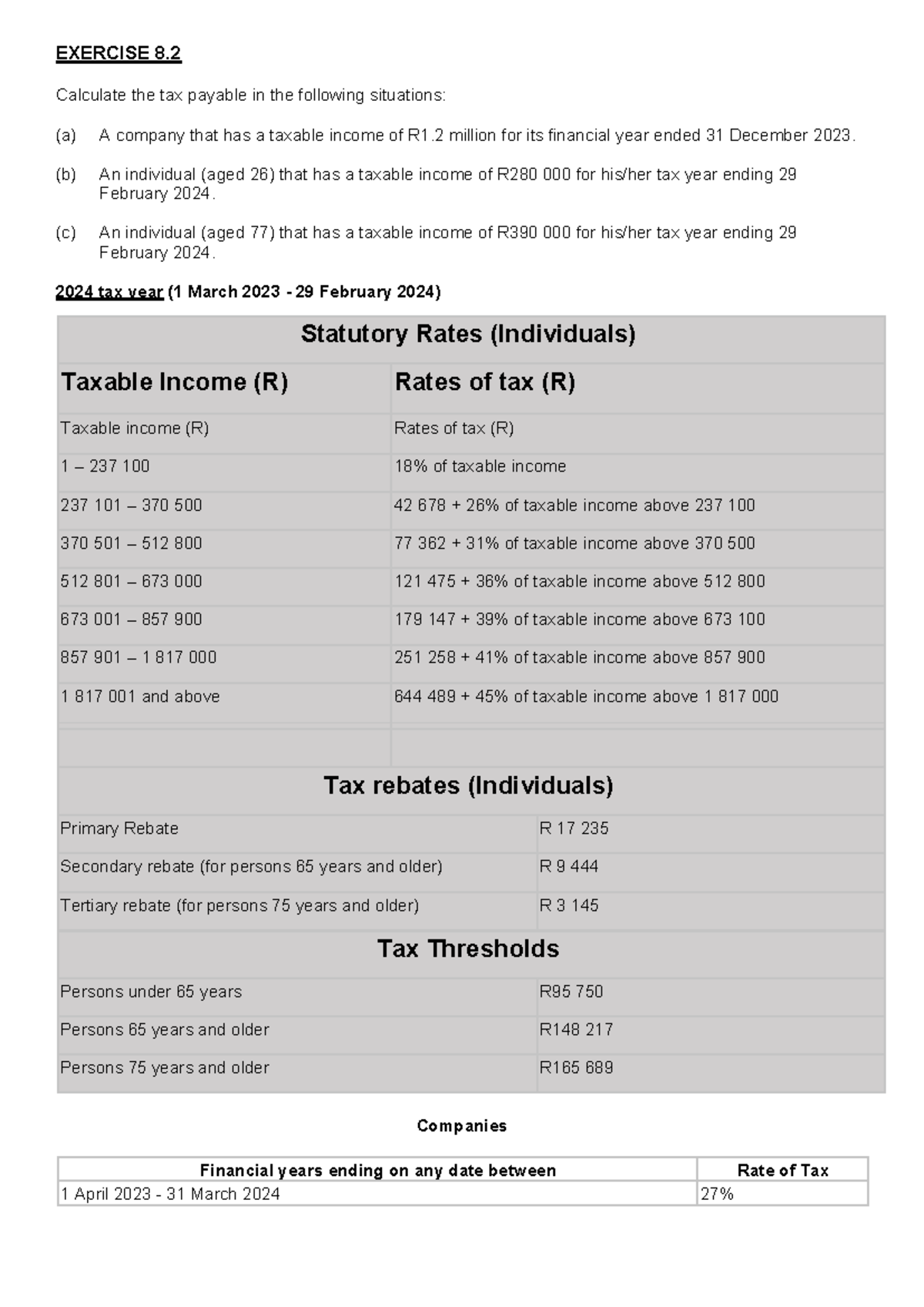 Exercise 8.2 - Tax Calculations for Individuals and Companies ...