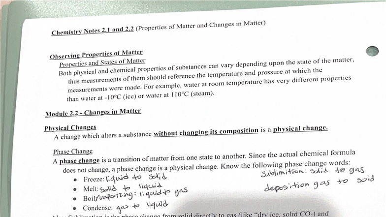 Chemistry Notes 2.1 to 2.4: Properties and Changes of Matter - Studocu