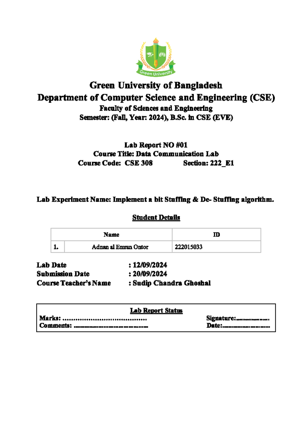CSE 308 - Lab Report on Bit Stuffing Algorithm Implementation - Studocu