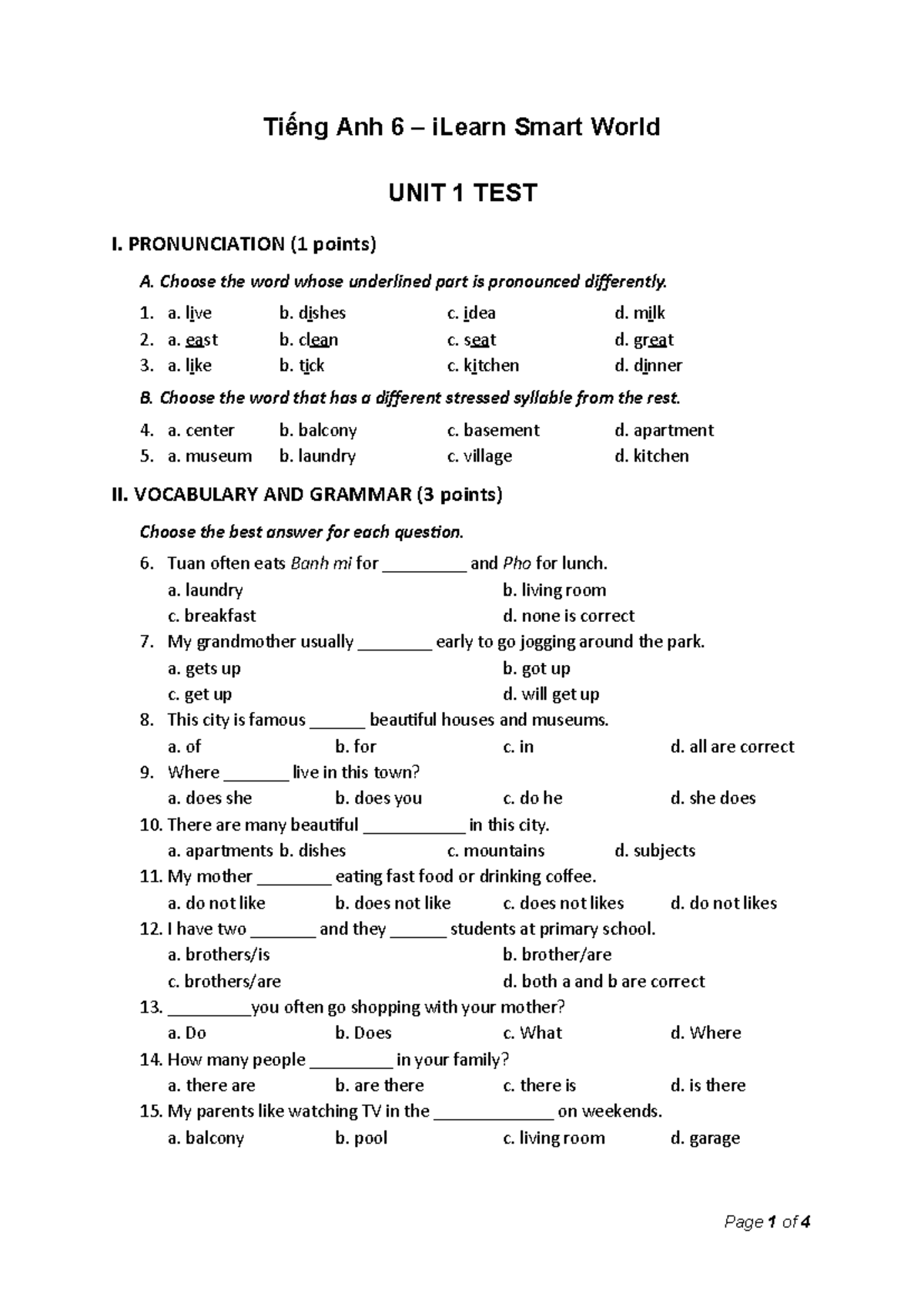 550597219 Tiếng Anh 6 Smart World Unit 1 Test - Tiếng Anh 6 – iLearn ...