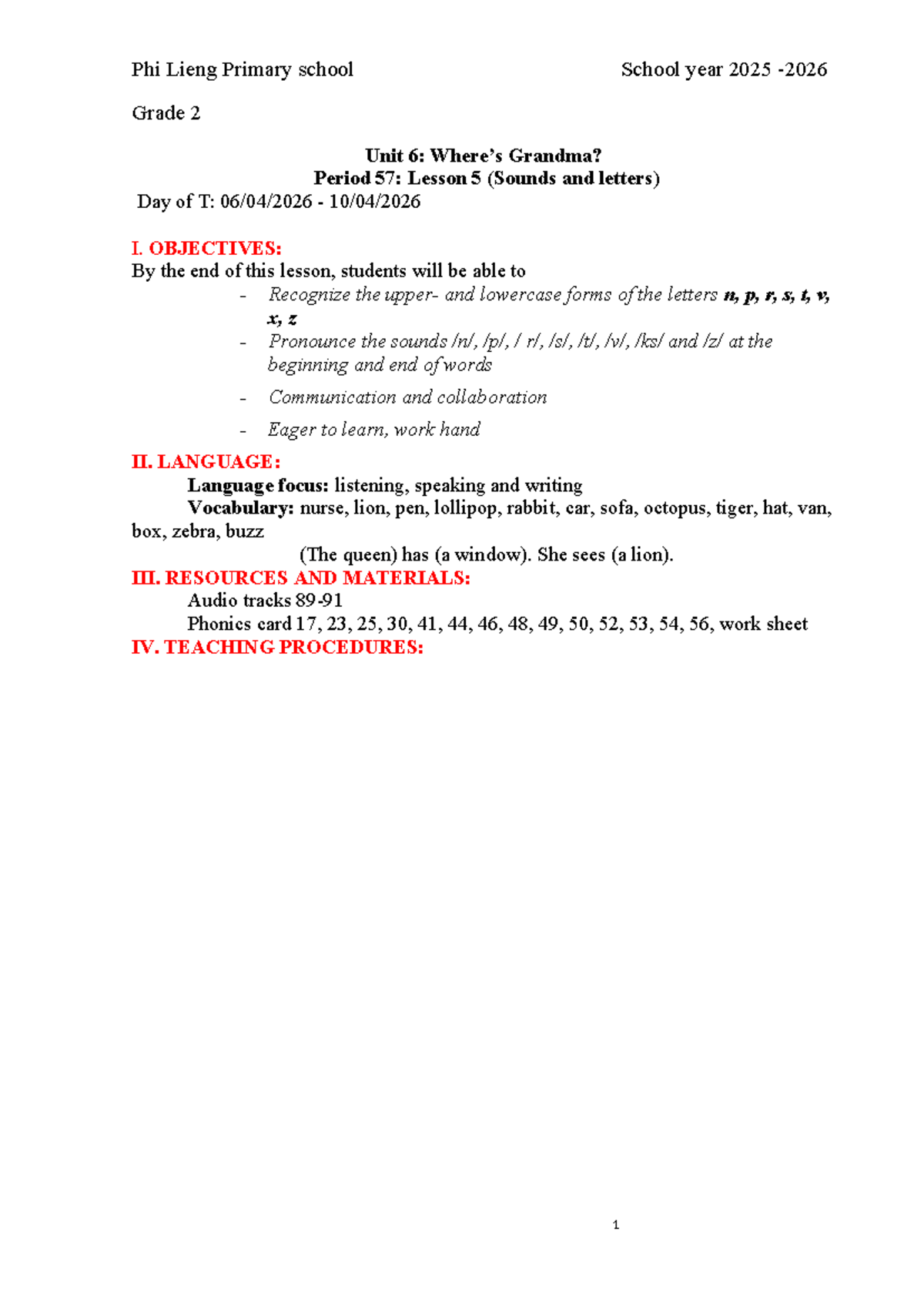 Phi Lieng Primary School Year 2025 Grade 2 Unit 6: Lesson 5 (Sounds ...
