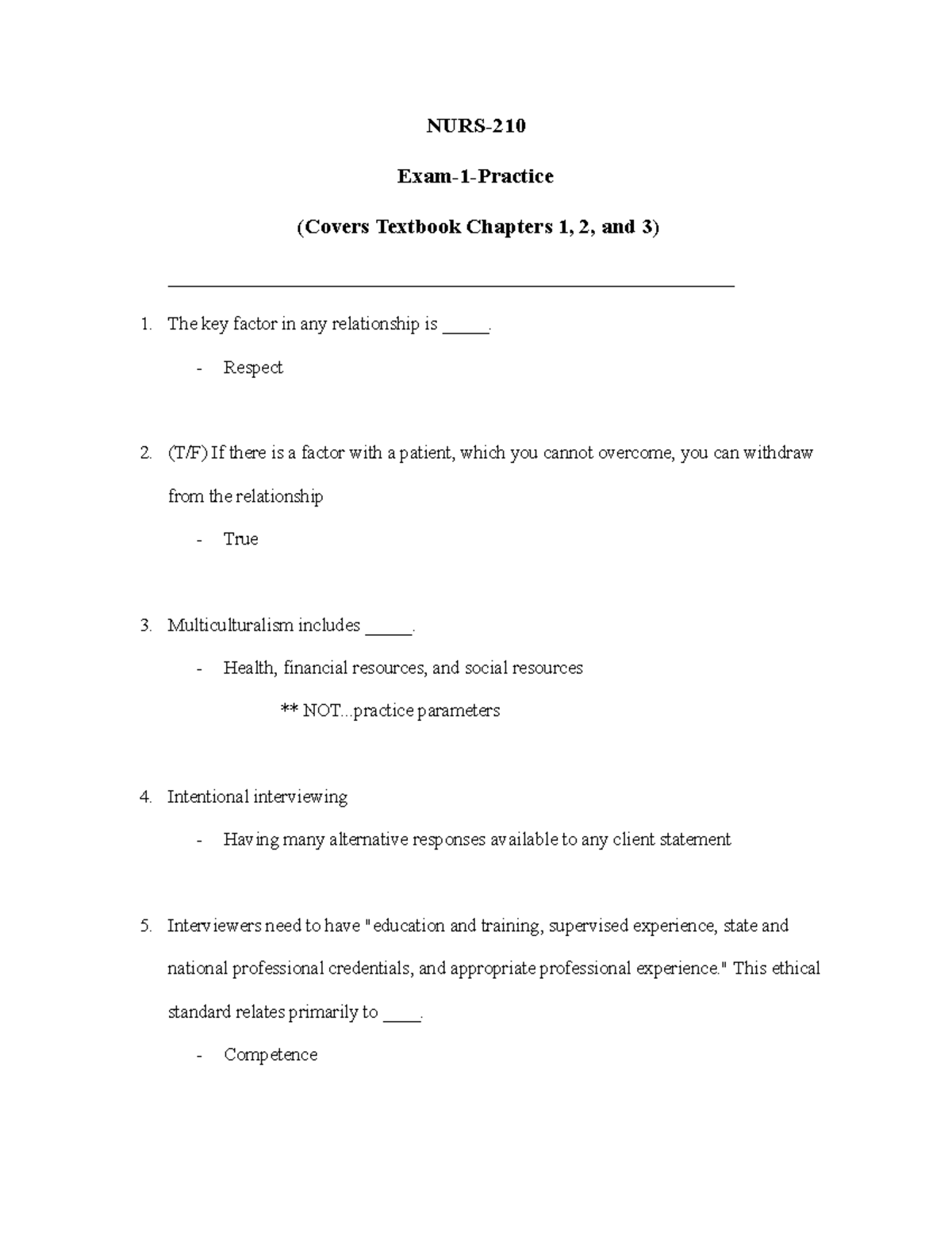 NURS 210 EXAM 1 Practice Questions Covering Chapters 1-3 - Studocu