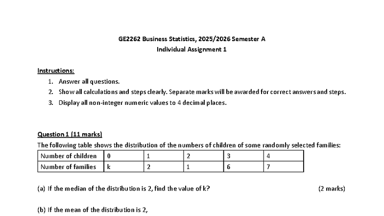 GE2262 Business Statistics: Semester A Assignment 1 Questions - Studocu