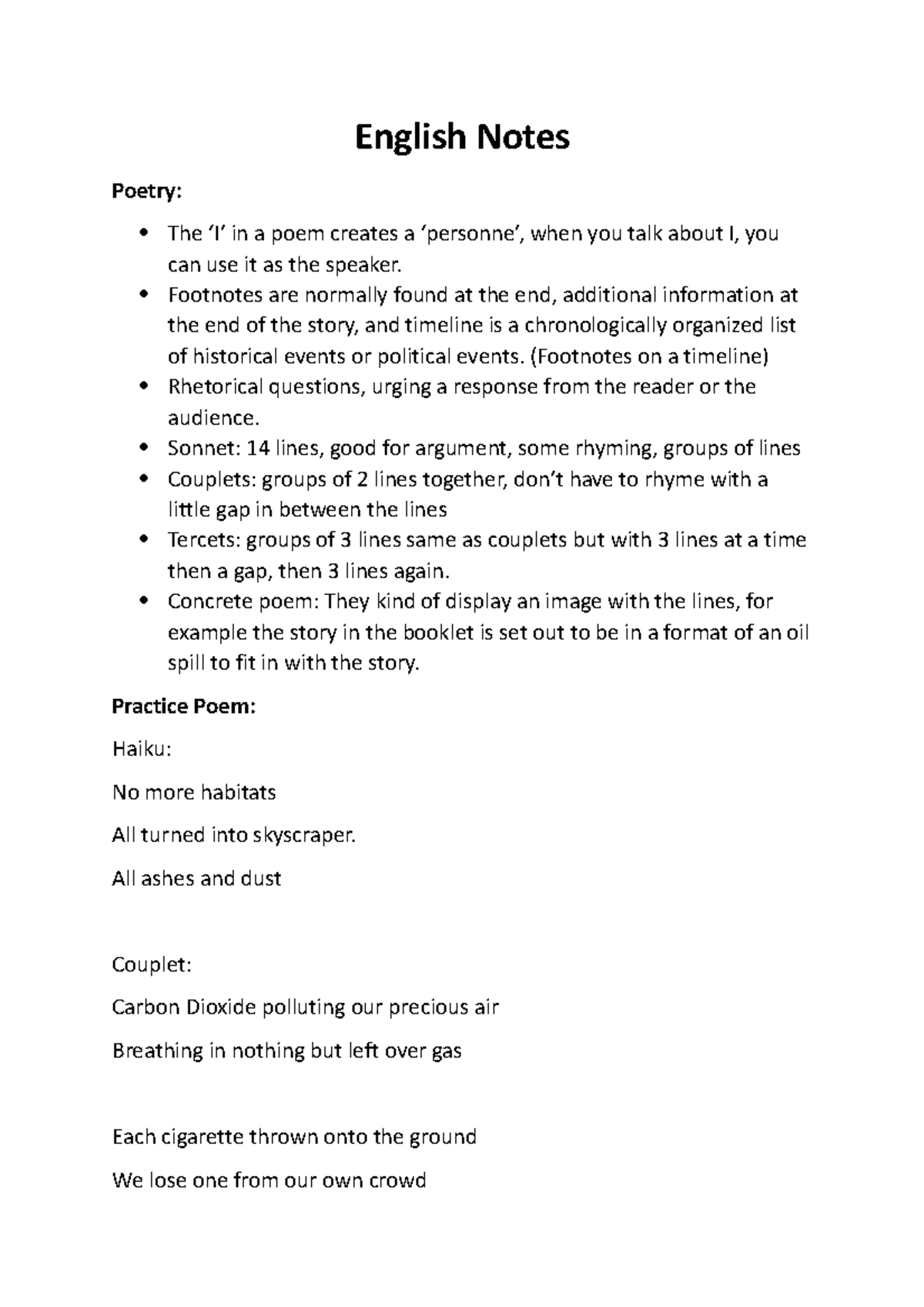 ENG 101 Final Exam Notes: Crafting Texts in Poetry and Form - Studocu