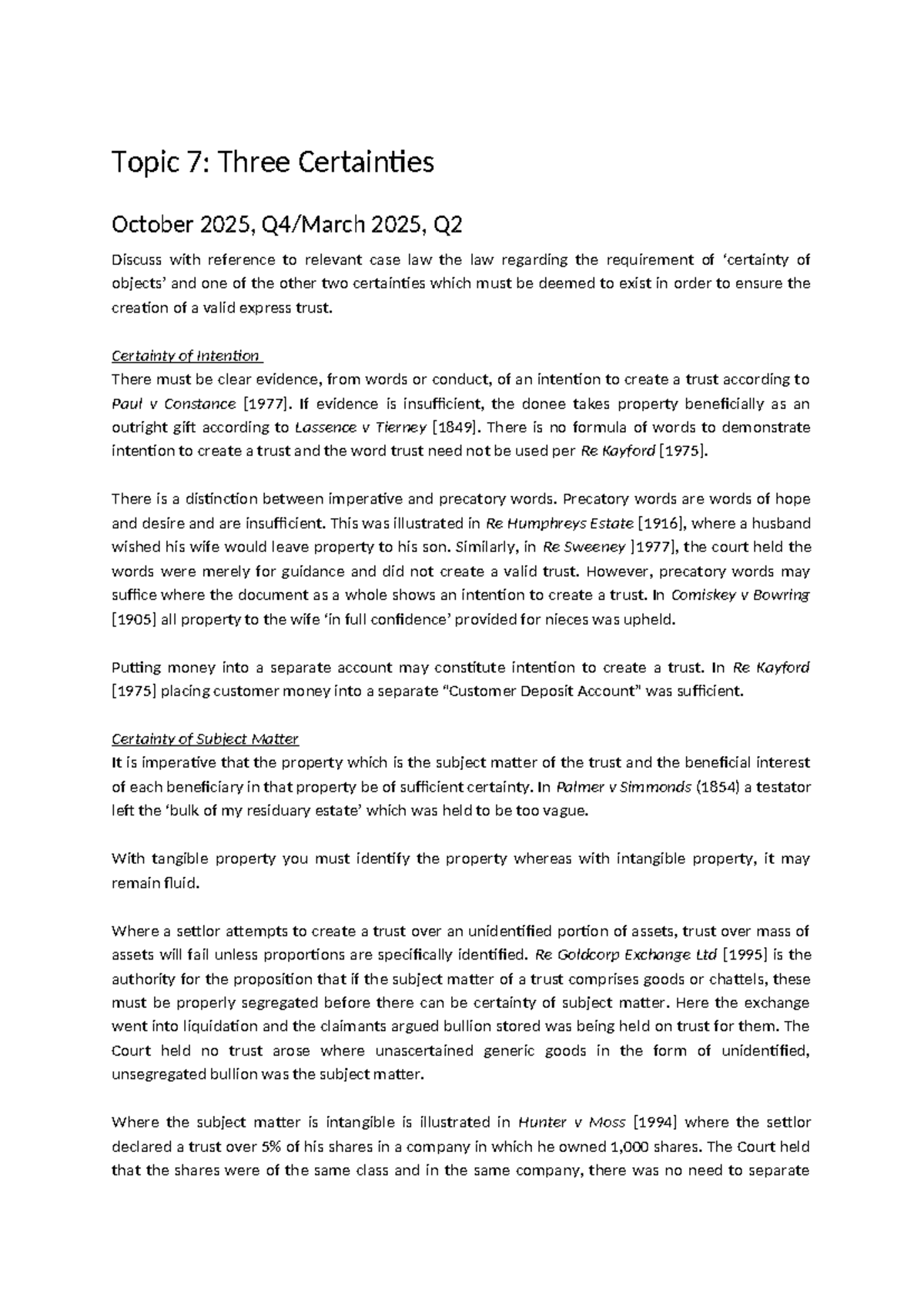Topic 7: The Three Certainties in Trust Law - Case Law Analysis - Studocu